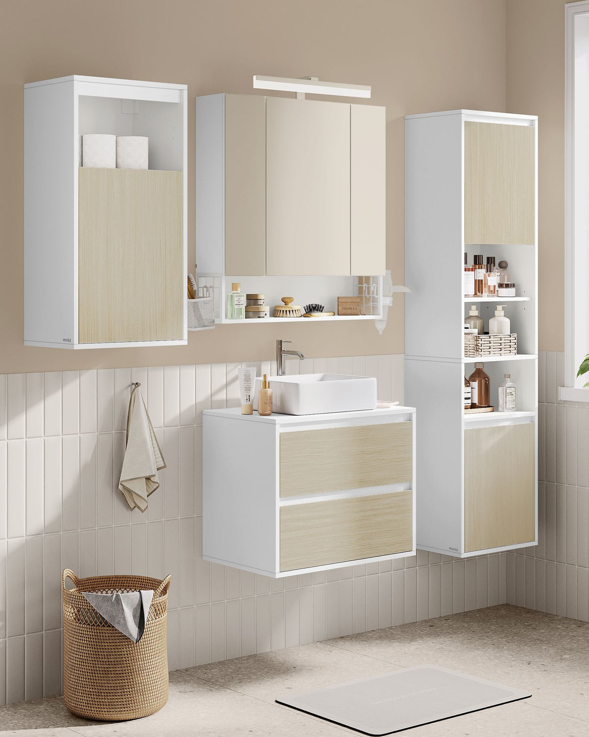 Hängender Badezimmerschrank – Weiß & Naturbeige – 30 x 40 x 160 cm