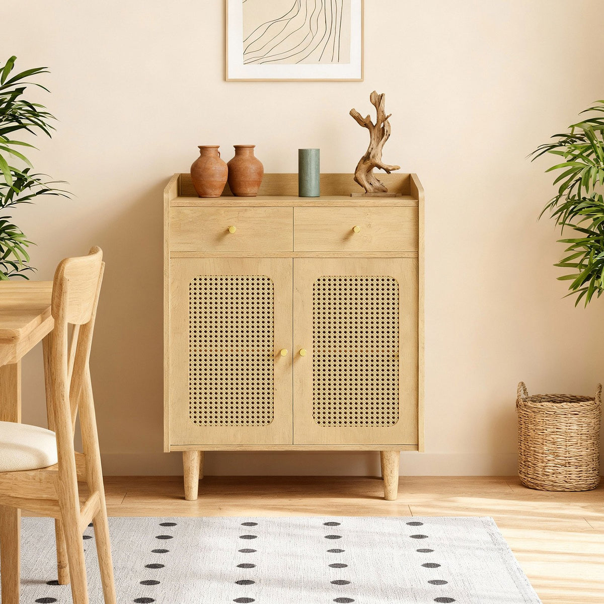 Sideboard – Stilvoller Aufbewahrungsschrank mit Rattan- und Massivholzbeinen