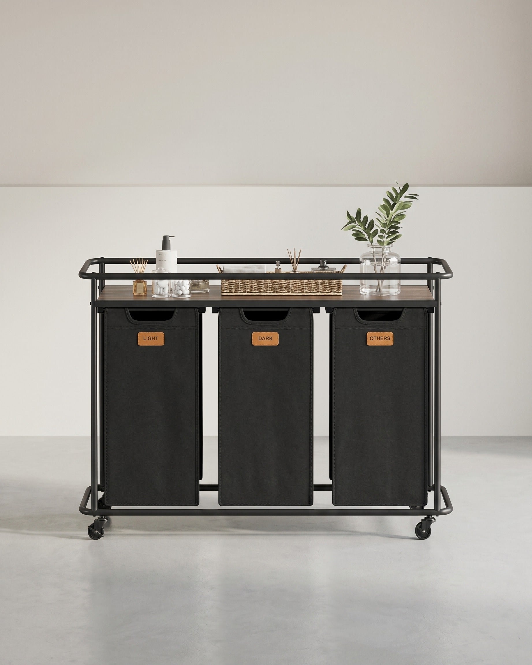 Wäschekorb - 3 Fächer - 150 Liter Gesamt - Mit Rollen Und Ablage