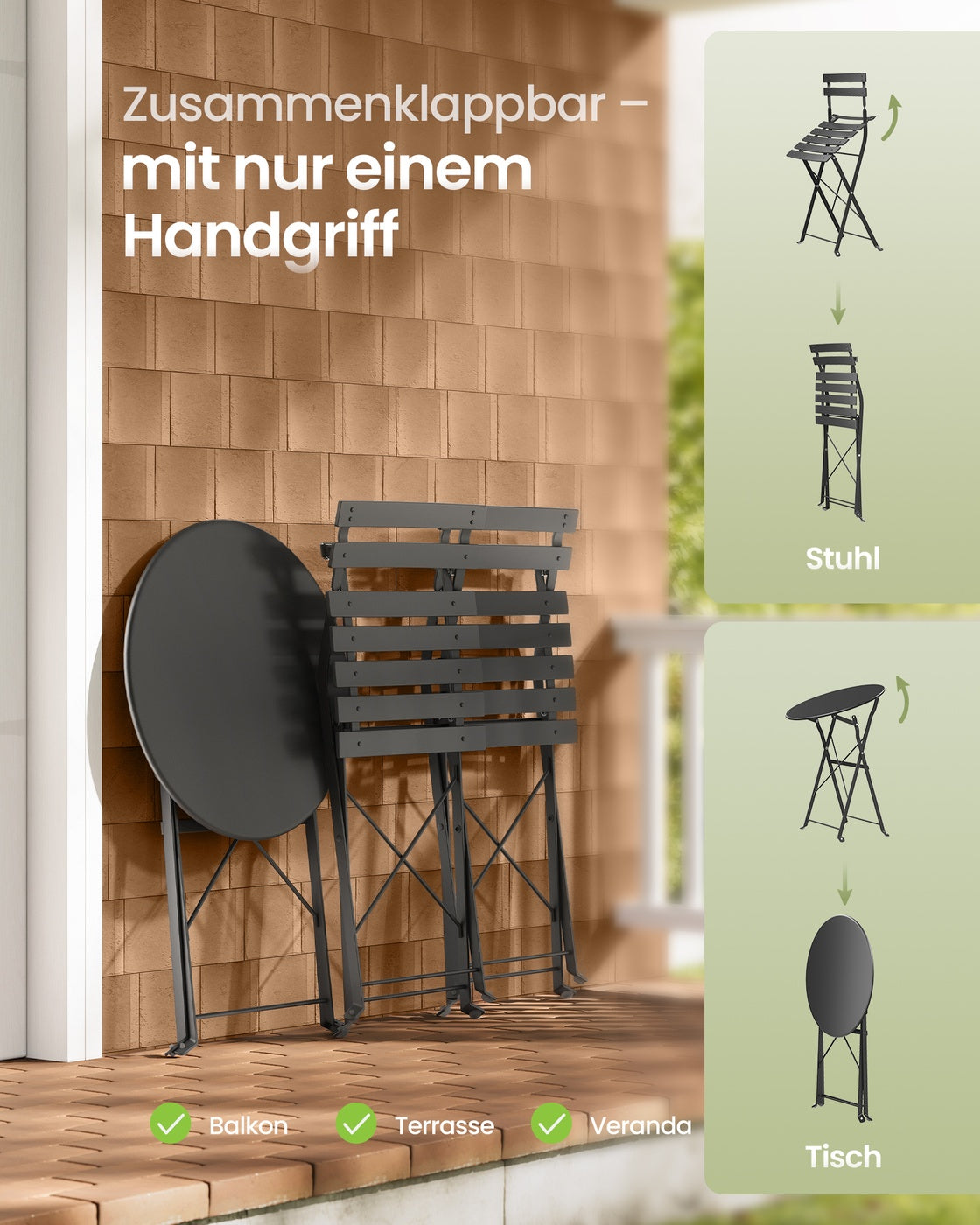 Balkonmöbel-Set, 3-teilig – Klapptisch mit 2 Stühlen – Stahlgestell – Wetterfest – Für Balkon und Terrasse