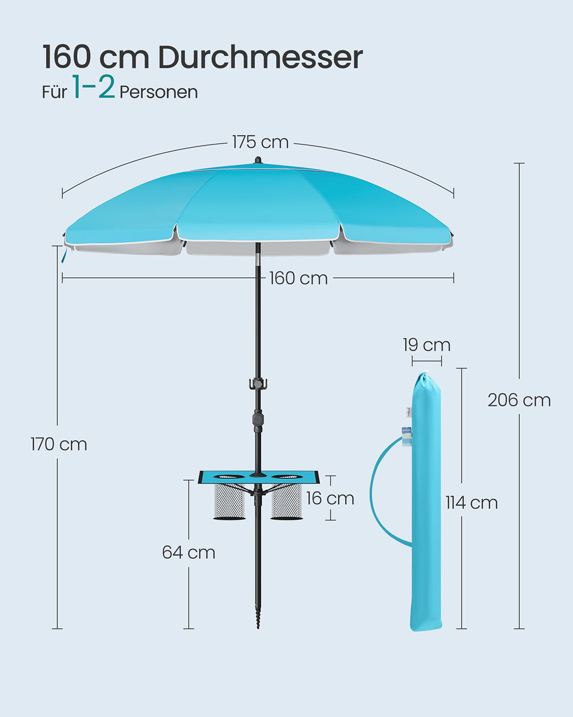Sonnenschirm mit Aufbewahrungsmöglichkeit – Ø 160 oder 200 cm – Verstellbar – UV-Schutzfaktor 50+ – Inklusive Tragetasche