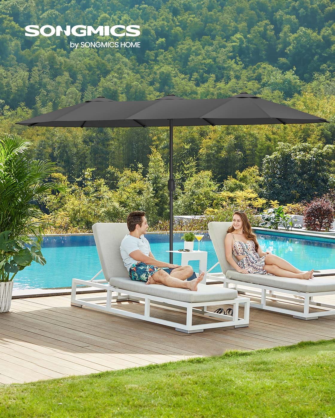 Doppelsonnenschirm 394 x 200 cm – UV-Schutz UPF 50+ – Mit Korkgirlande – Beige oder Grau