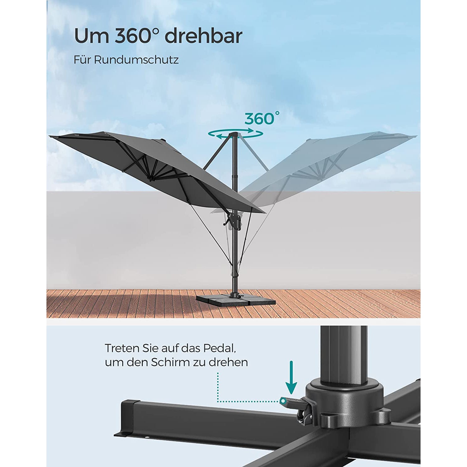 Freiarm-Sonnenschirm 290 x 290 cm – 360° drehbar – Neigungswinkel verstellbar – UPF 50+ – mit Ständer und Schutzhülle