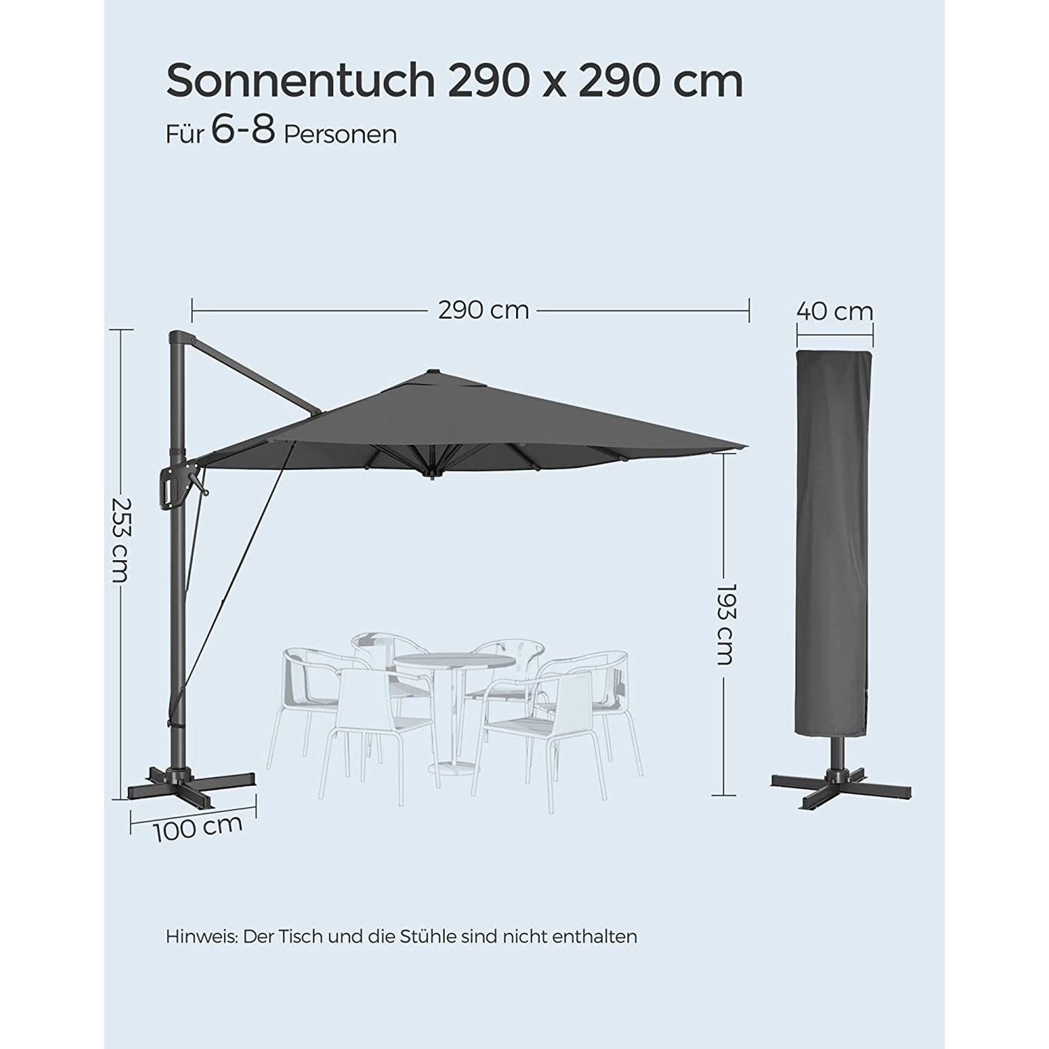 Ampelschirm 290 x 290 cm - Stufenlos verstellbar - Neigbar und 360° Drehfunktion