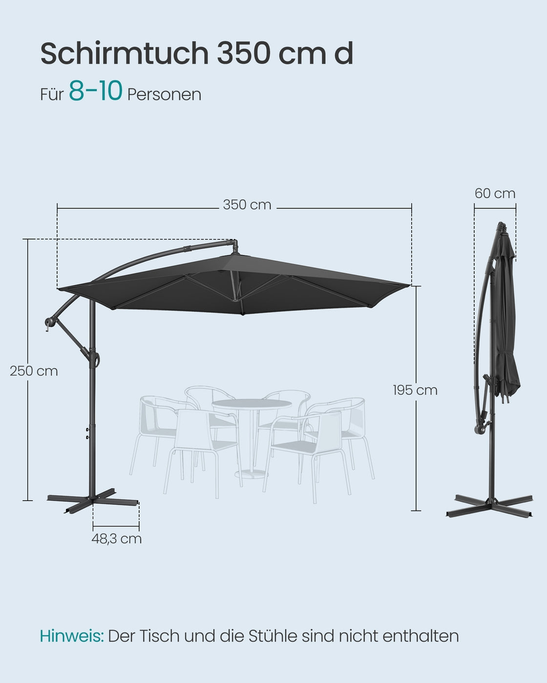 Ampelschirm Ø300 cm mit LED-Beleuchtung - Verstellbar - Solarenergie