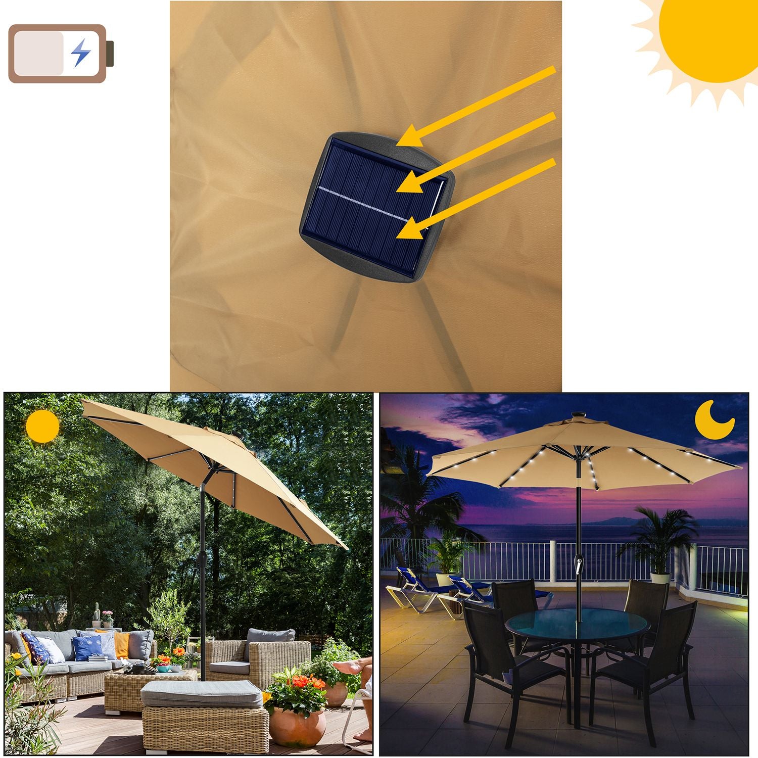 Solarbetriebener LED-Sonnenschirm Ø 2,7 oder 3 Meter - Garten-Sonnenschirm mit Neigefunktion