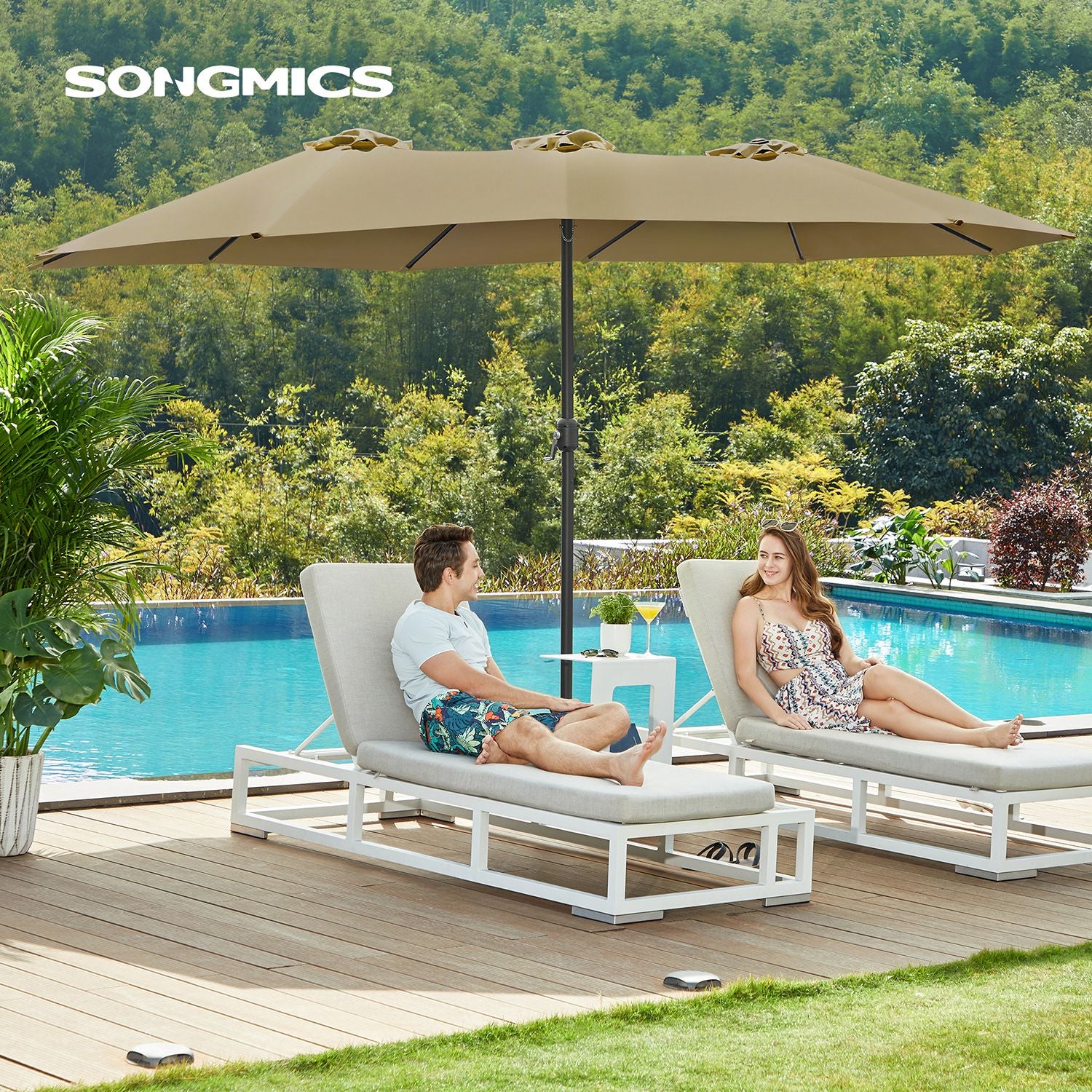 Doppelsonnenschirm 394 x 200 cm – UV-Schutz UPF 50+ – Mit Korkgirlande – Beige oder Grau