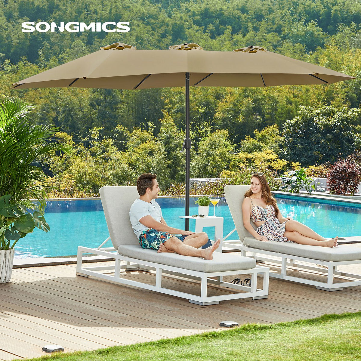 Doppelsonnenschirm 394 x 200 cm – UV-Schutz UPF 50+ – Mit Korkgirlande – Beige oder Grau