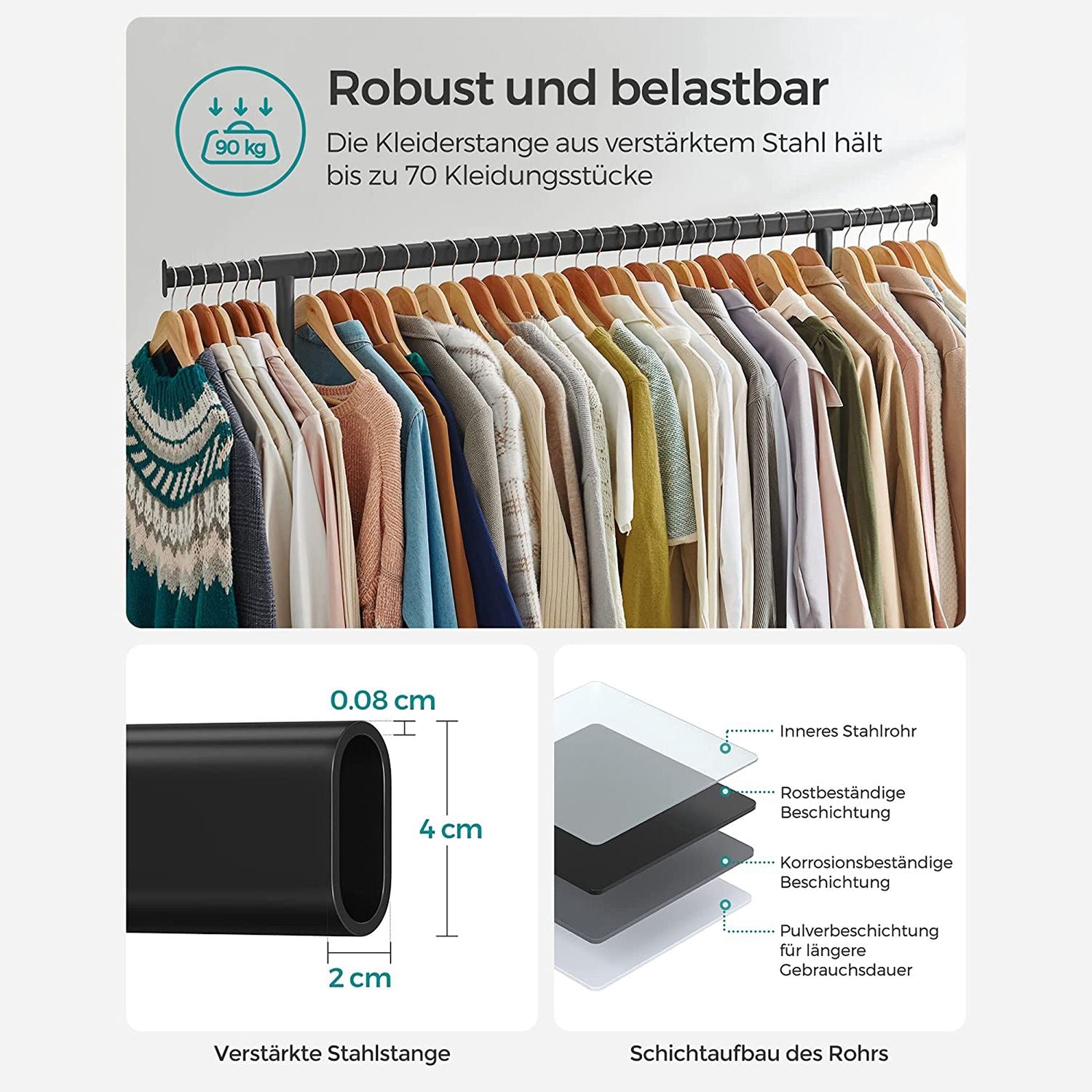 Mobiler Kleiderständer mit ausziehbarer Stange – extra belastbar – Mattschwarz – bis 130 kg