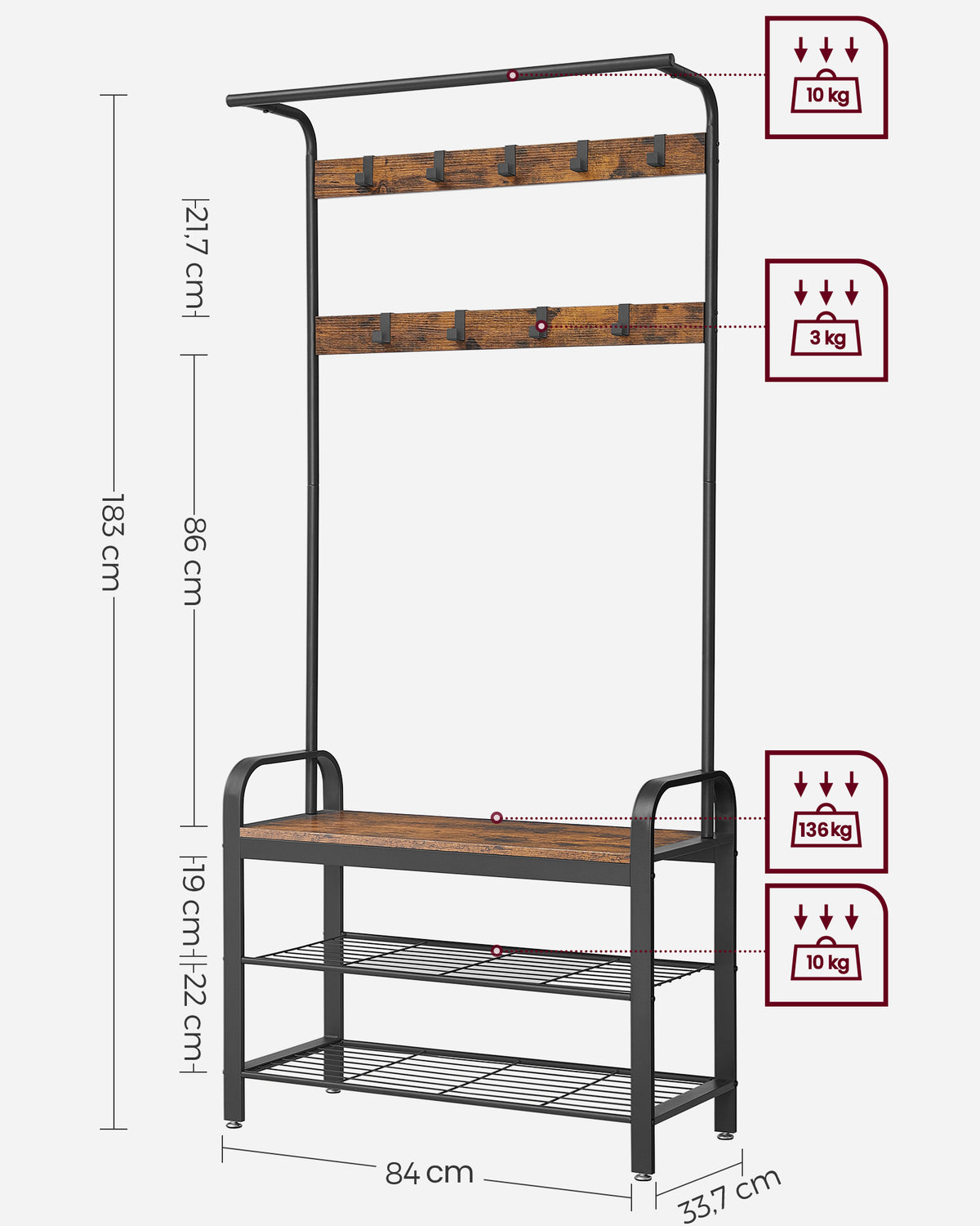 Garderobe mit Schuhregal & Sitzbank – Industriedesign Holz & Metall – 9 Haken + Kleiderstange – Flurmöbel