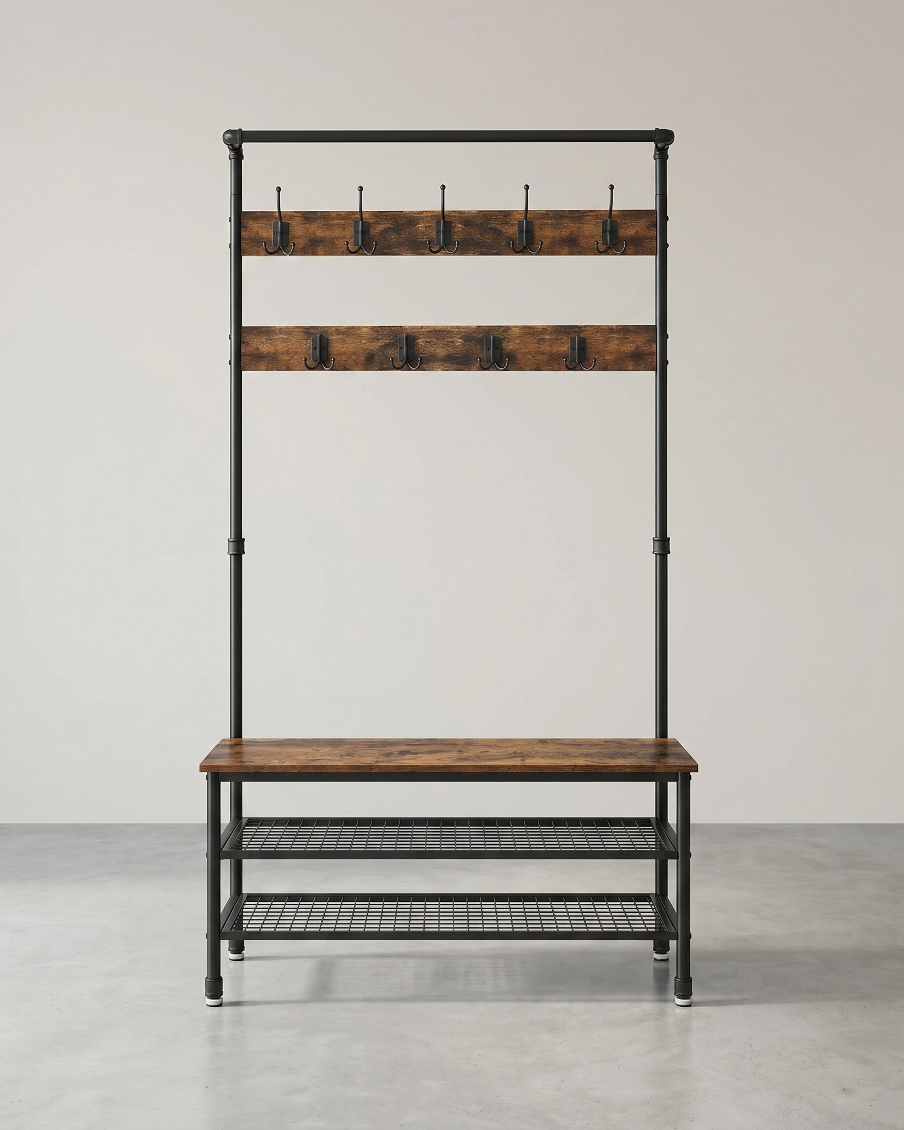 Garderobenständer mit Bank – Industrielles Design – 9 Haken, Kleiderstange und Schuhböden