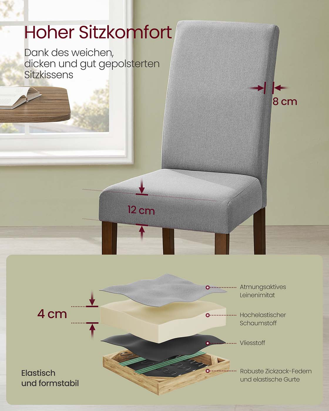 Esszimmerstühle, 2er-Set – Gepolsterter Sitz – Holzbeine – Ergonomische Rückenlehne – Klassisches Design