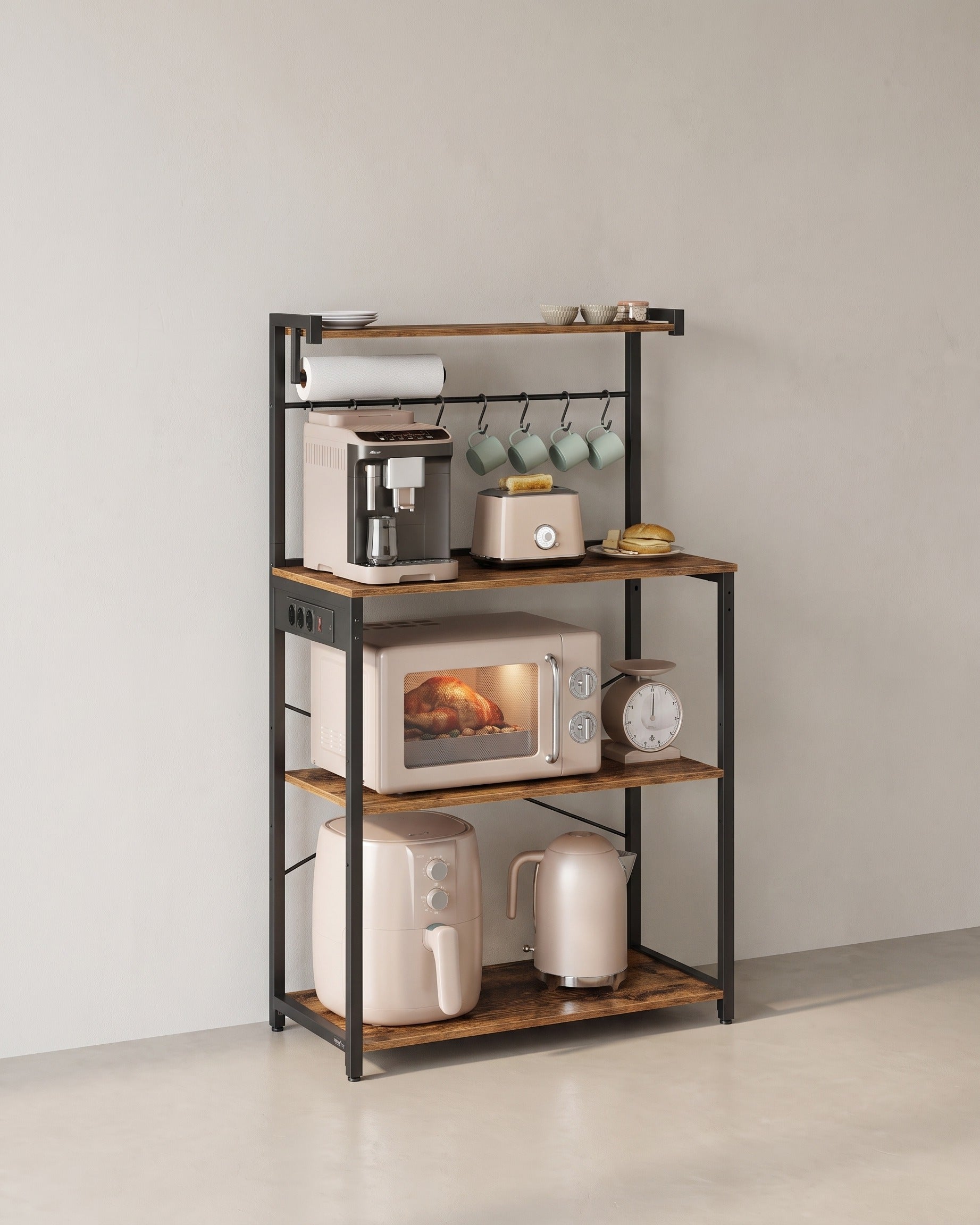 Küchen-Standregal mit Steckdose – Mikrowellenregal mit verstellbarem Regalboden – 60 x 40 x 140 cm – Industriedesign – Braun