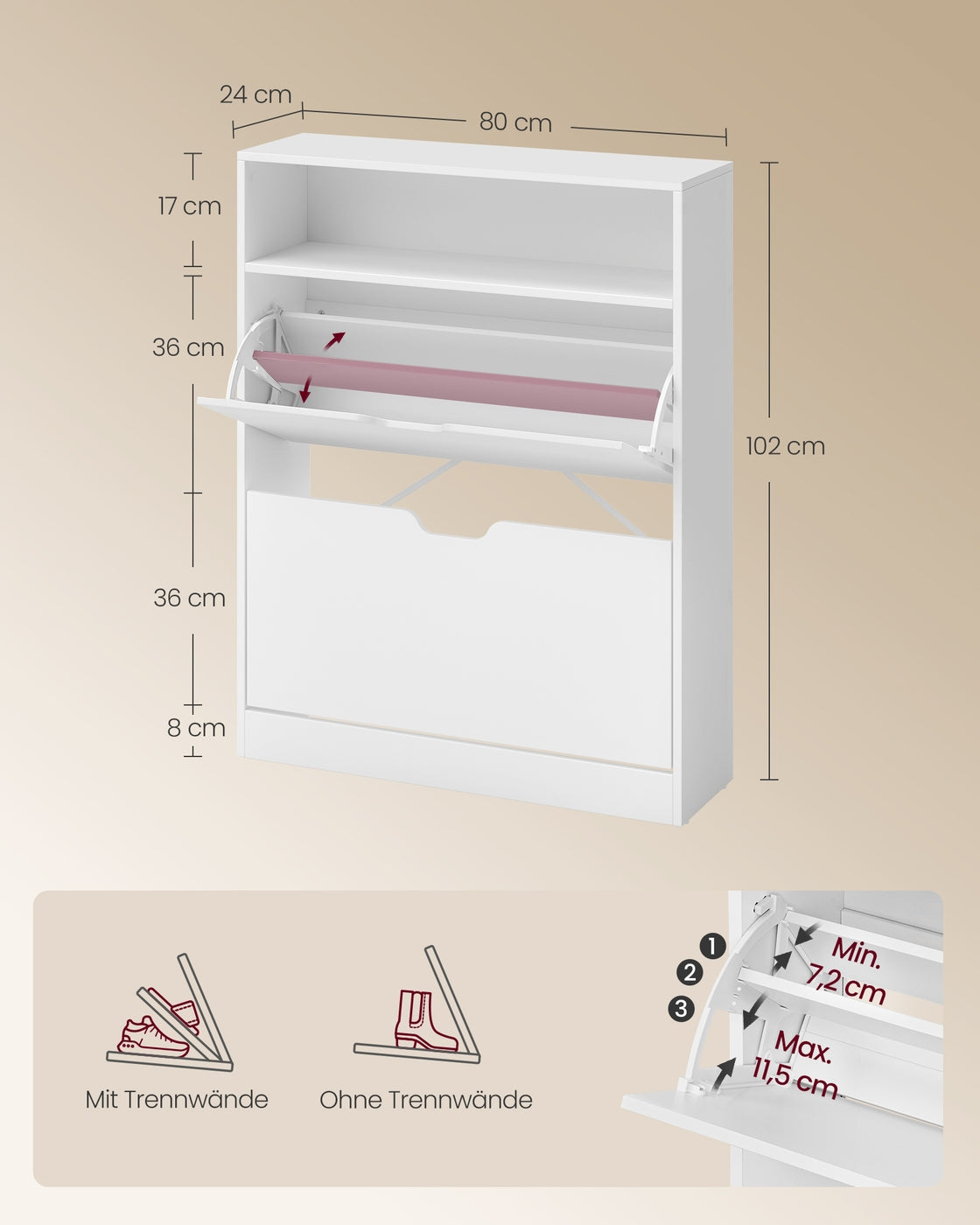 Schuhschrank – Platzsparendes Design – Für 11–16 Paar Schuhe – Verstellbare Aufteilung – 80 cm breit