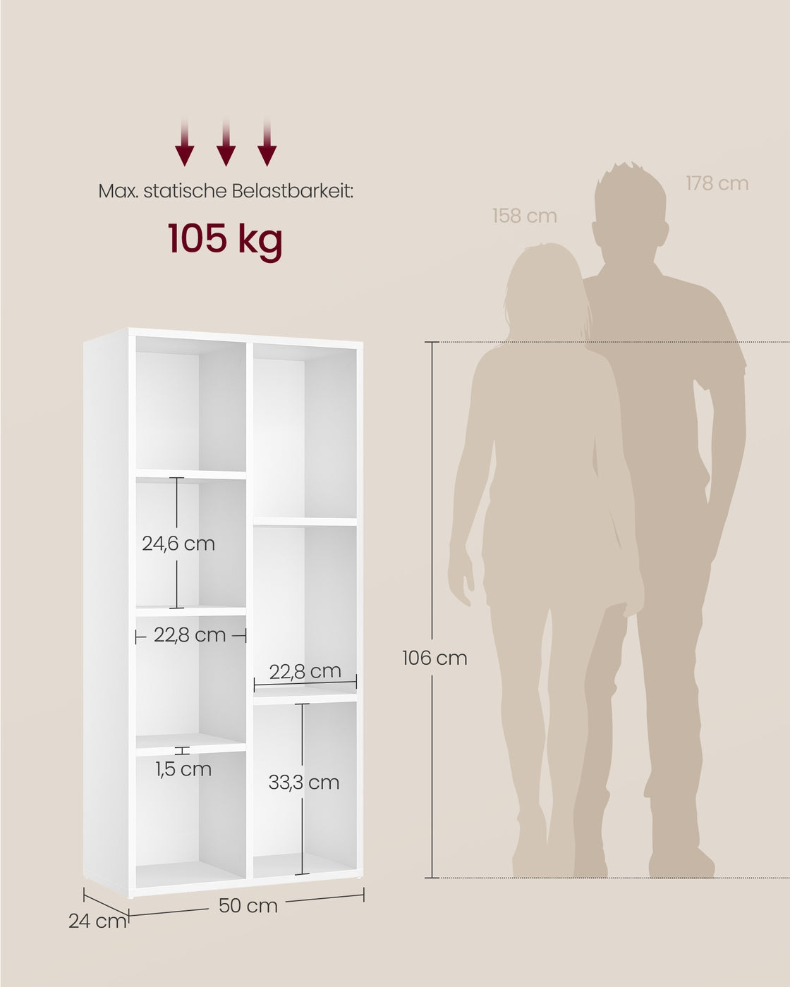 Bücherregal – Aufbewahrungsschrank – 5 oder 7 Fächer – 50 x 24 x 80 oder 106 cm