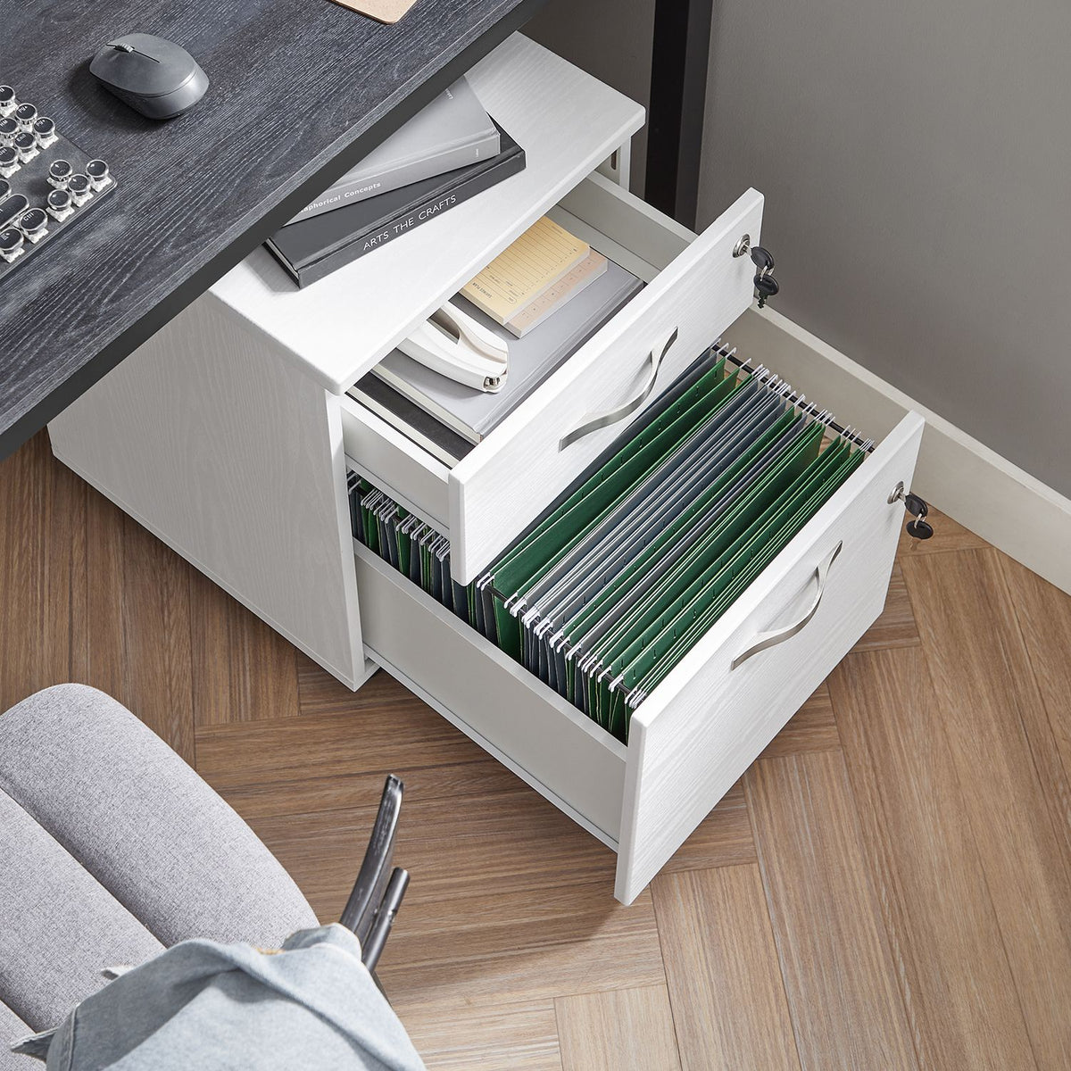 Schubladenelement mit Schloss – Aktenschrank mit 2 Schubladen und verstellbaren Stangen