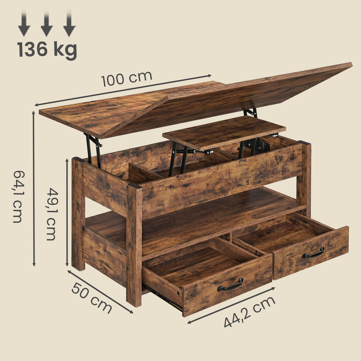 Couchtisch mit Klappplatte und verstecktem Stauraum – Multifunktional, verstellbar und modernes Design – 100 cm breit