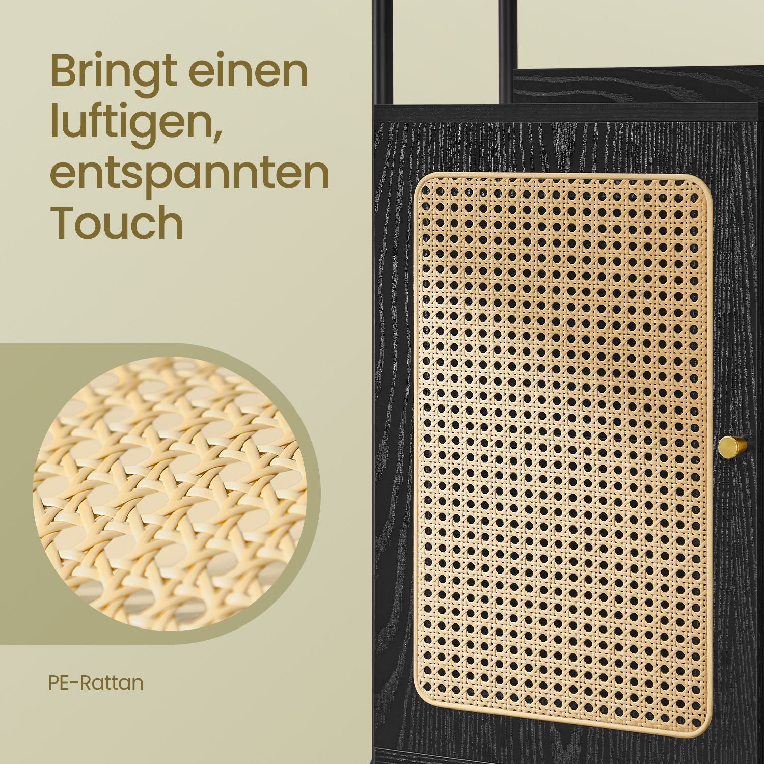 BOHO Bücherregal mit Rattantür – Schmales offenes Standregal – 174 cm hoch – Schwarzes Metall und Holz – Bis zu 60 kg belastbar