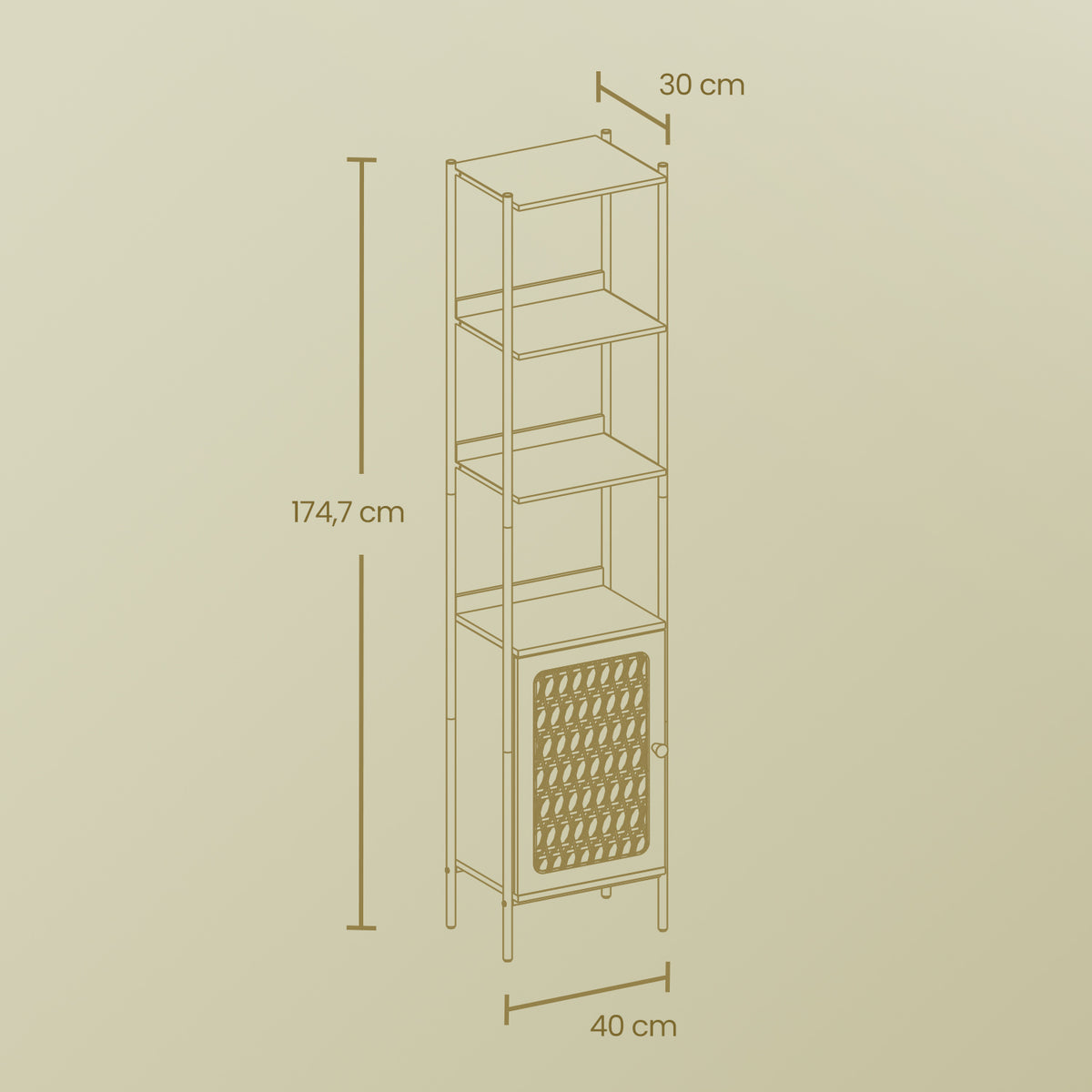 BOHO Bücherregal mit Rattantür – Schmales offenes Standregal – 174 cm hoch – Schwarzes Metall und Holz – Bis zu 60 kg belastbar