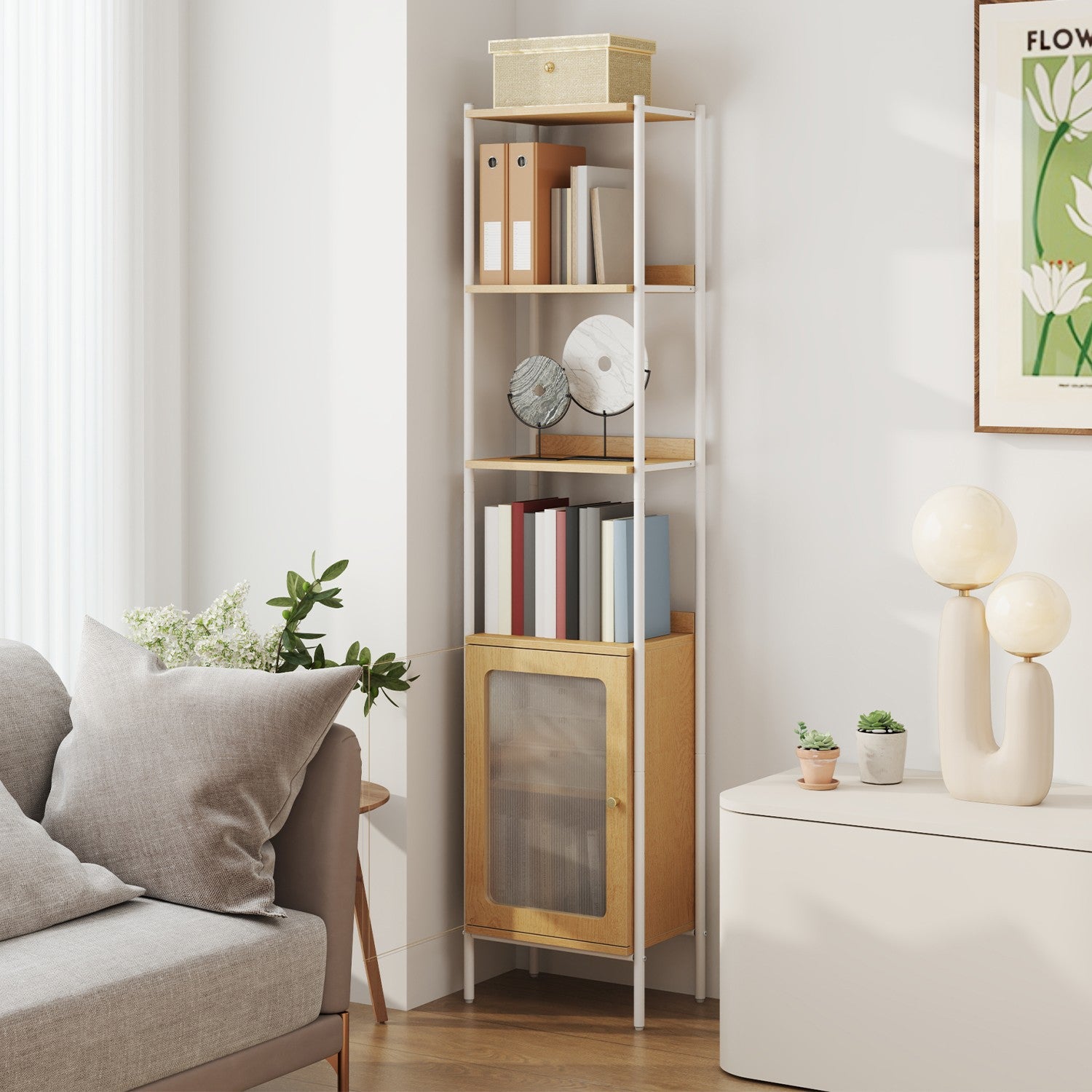 BOHO Bücherregal mit Rattantür – Schmales offenes Standregal – 174 cm hoch – Schwarzes Metall und Holz – Bis zu 60 kg belastbar