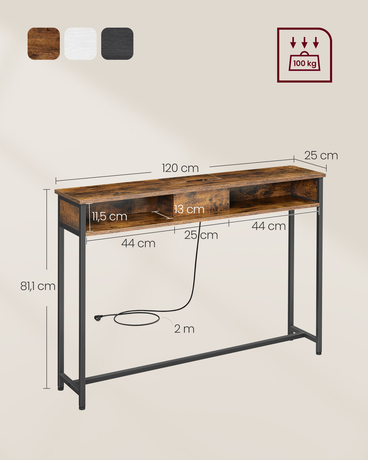 Konsolentisch mit Steckdosen und USB – Industriedesign – 120 cm breit – schick und funktional