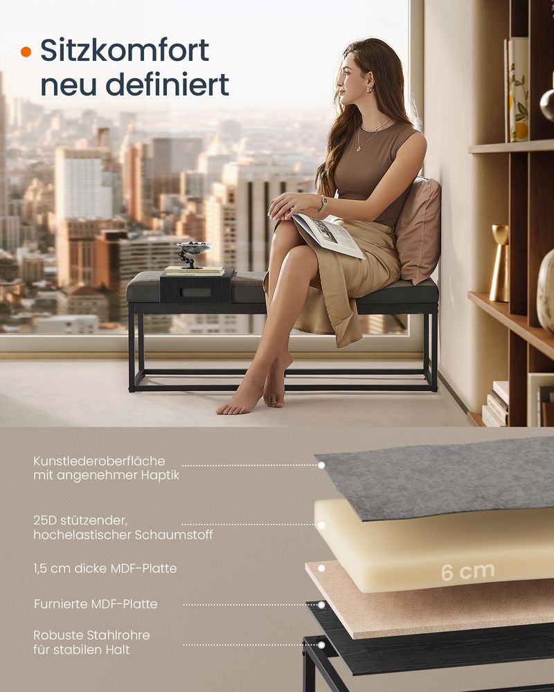 Sitzbank mit Stauraum – Bewegliches Sitzpolster – Mit Seitenablage – Industriedesign – Bis 300 kg belastbar
