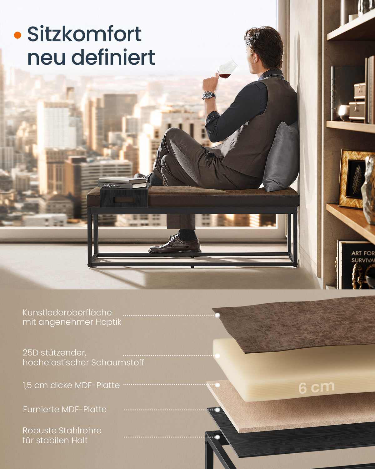 Sitzbank mit Stauraum – Bewegliches Sitzpolster – Mit Seitenablage – Industriedesign – Bis 300 kg belastbar