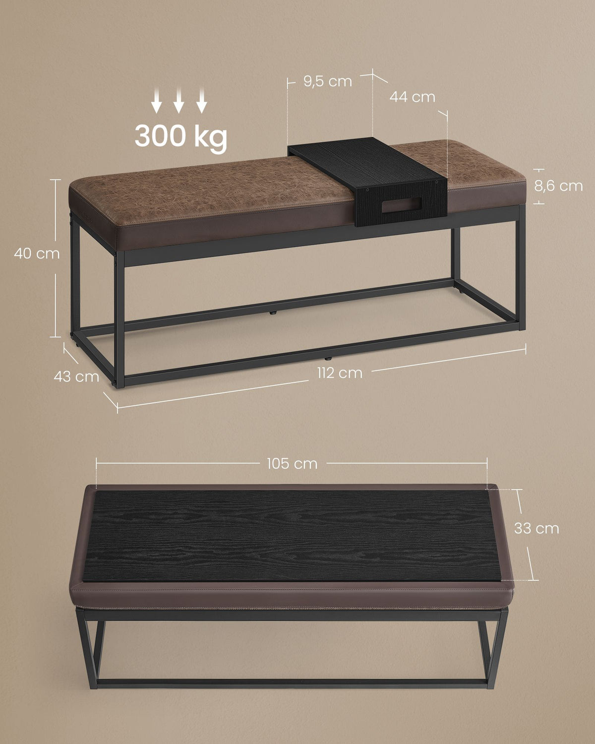 Sitzbank mit Stauraum – Bewegliches Sitzpolster – Mit Seitenablage – Industriedesign – Bis 300 kg belastbar