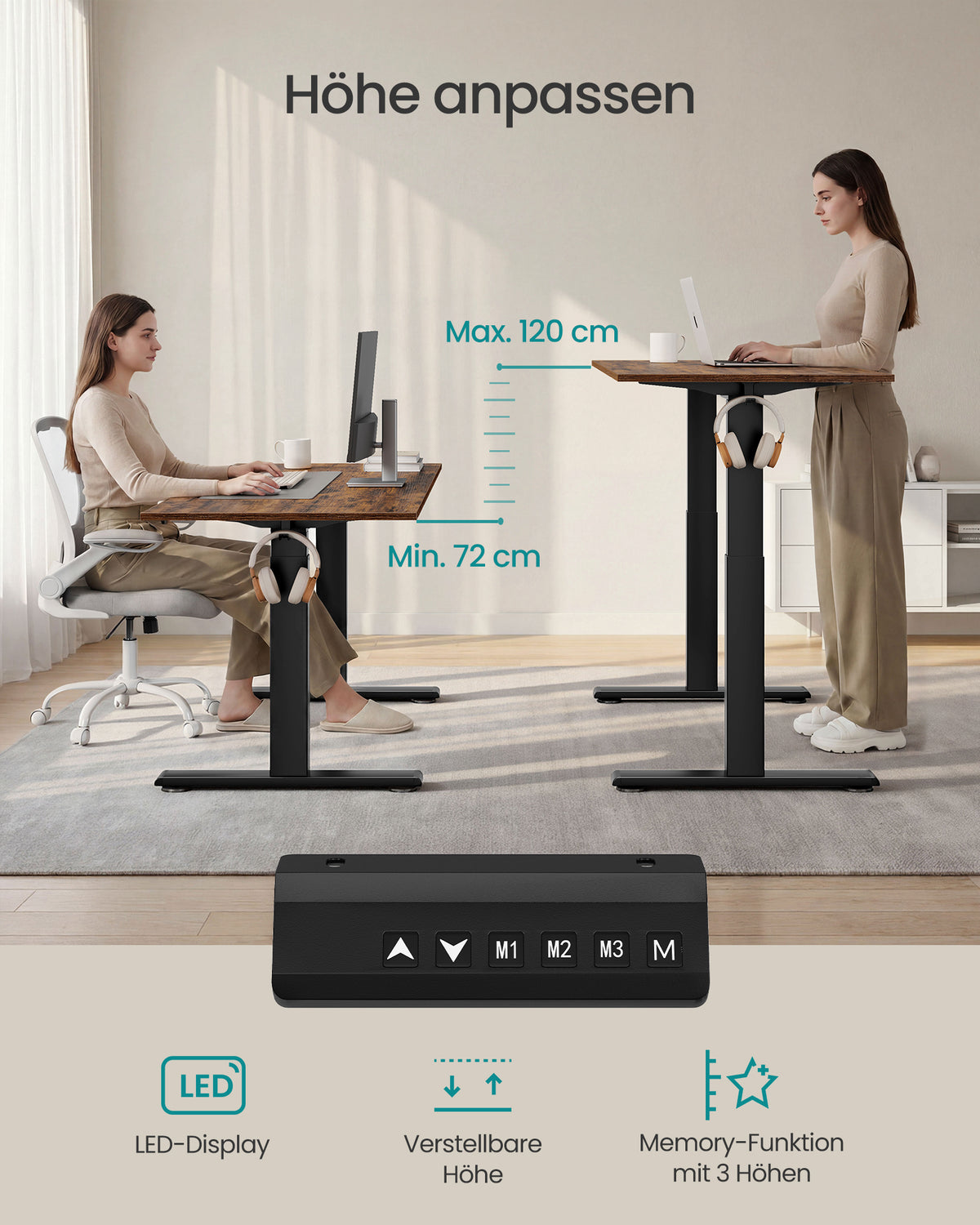Elektrisches Schreibtischgestell – Doppelmotor – Höhe 72–120 cm – 4 Speicherplätze – USB-C – bis 120 kg