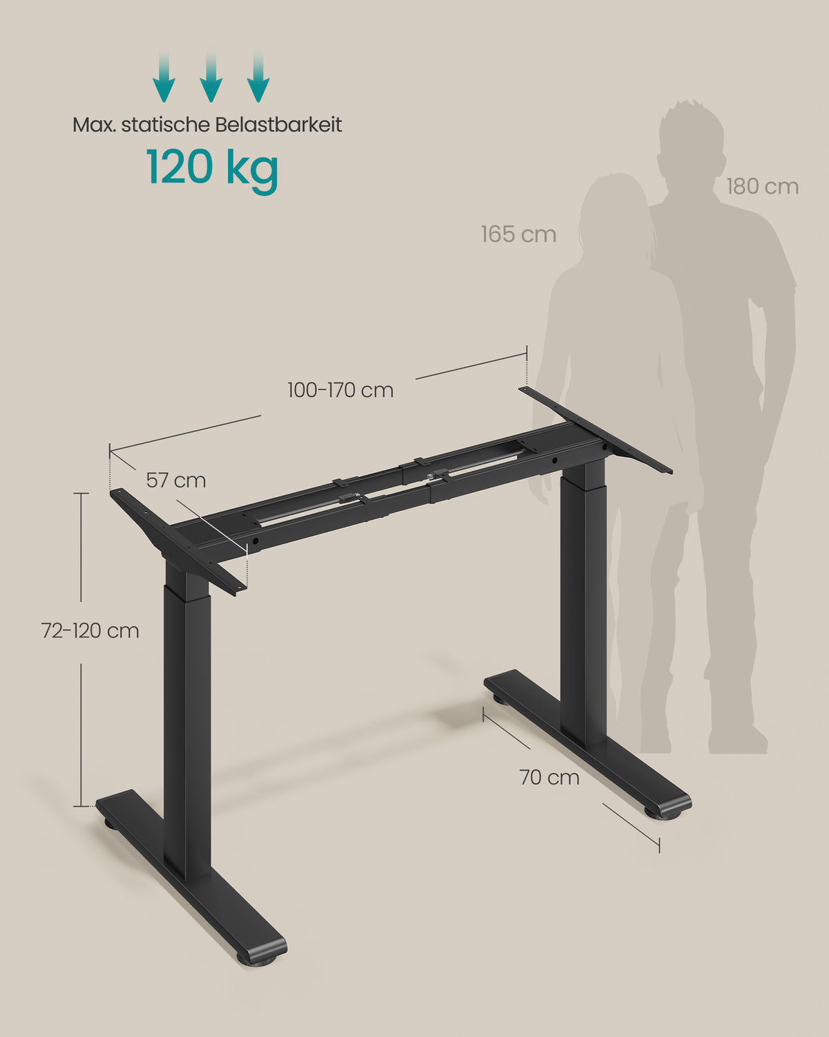 Sitz-Steh-Schreibtischgestell – Elektrisches Untergestell – Doppelmotor – Höhe 72–120 cm – USB-C
