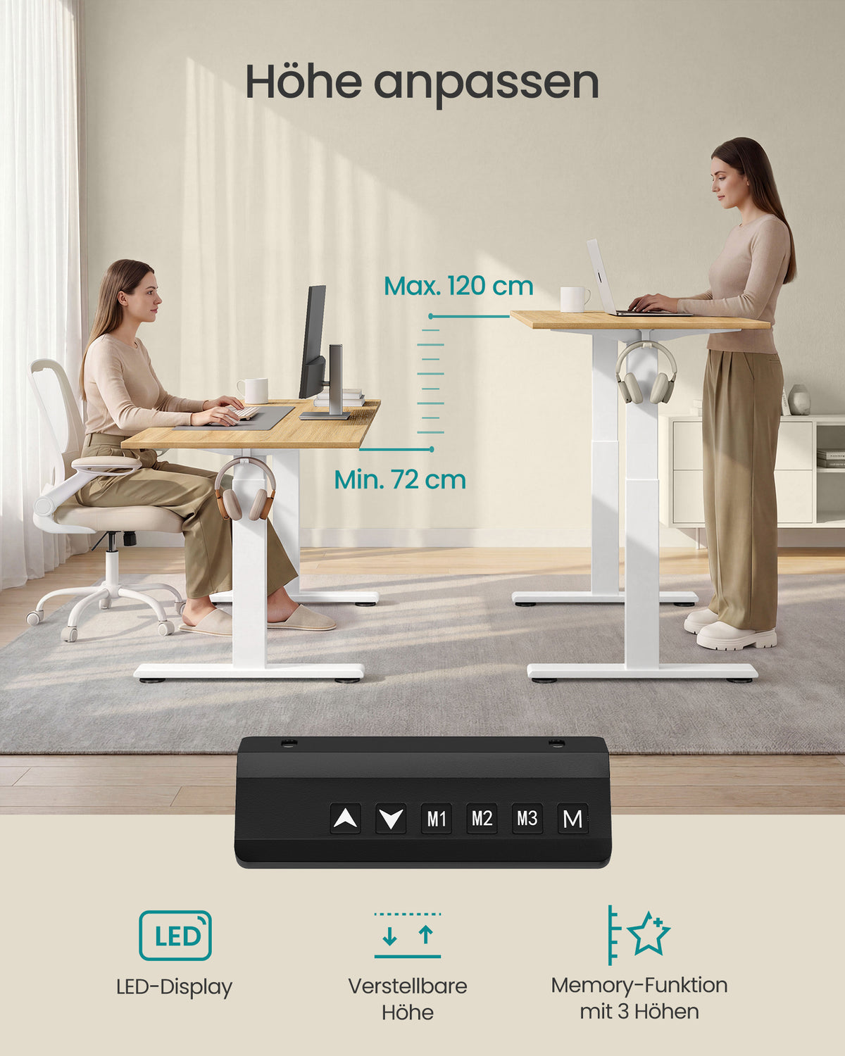 Sitz-Steh-Schreibtischgestell – Elektrisches Untergestell – Doppelmotor – Höhe 72–120 cm – USB-C