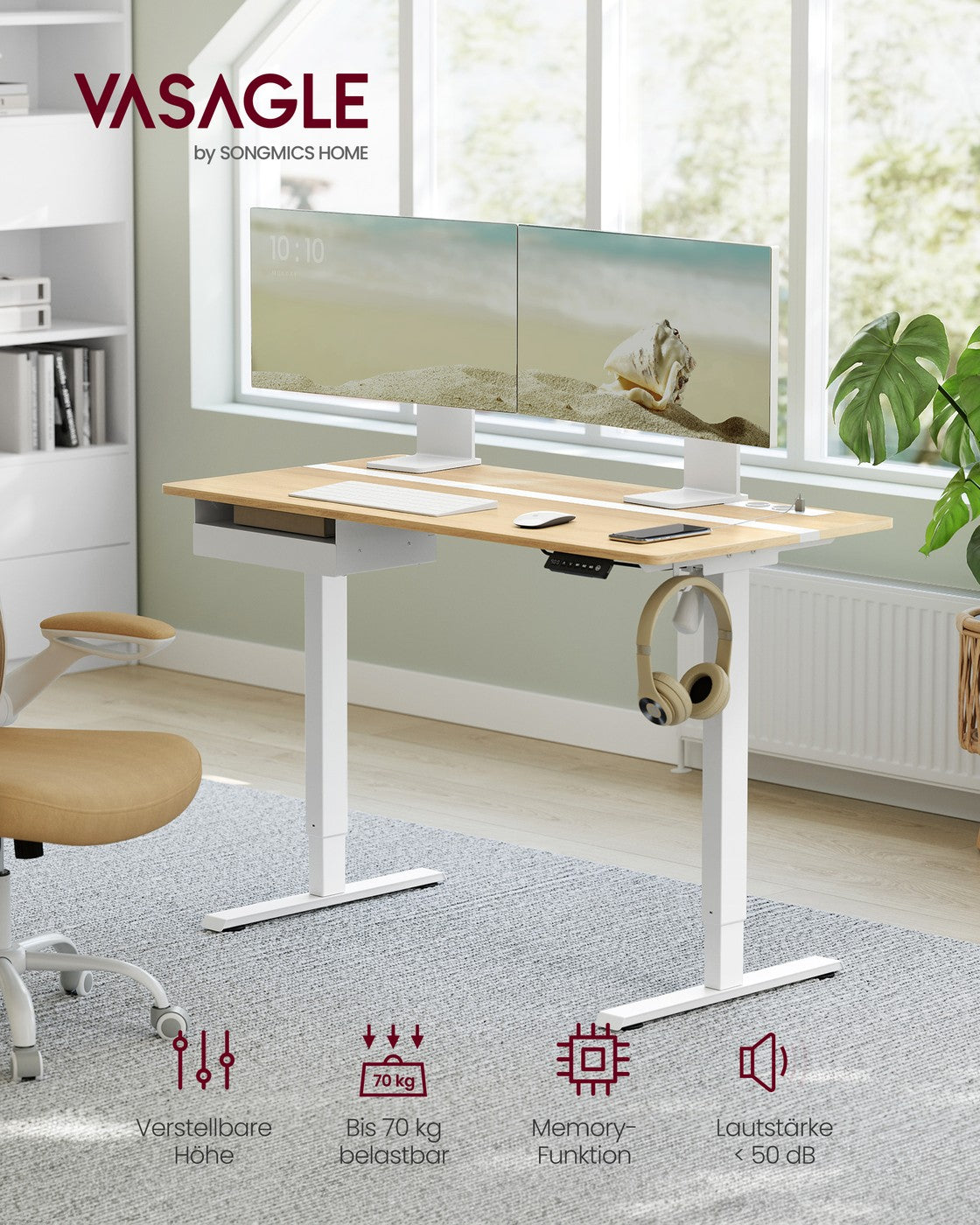 Kompletter Arbeitsplatz – Elektrischer Stehschreibtisch + ergonomischer Bürostuhl – mit Memory-Funktion – Steckdose – verstellbare Rücken- und Armlehnen
