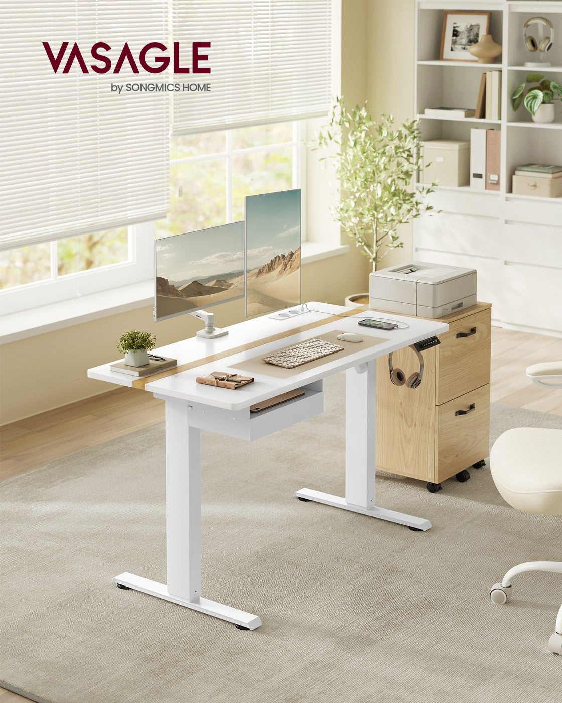 Kompletter Arbeitsplatz – Elektrischer Stehschreibtisch + ergonomischer Bürostuhl – mit Memory-Funktion – Steckdose – verstellbare Rücken- und Armlehnen