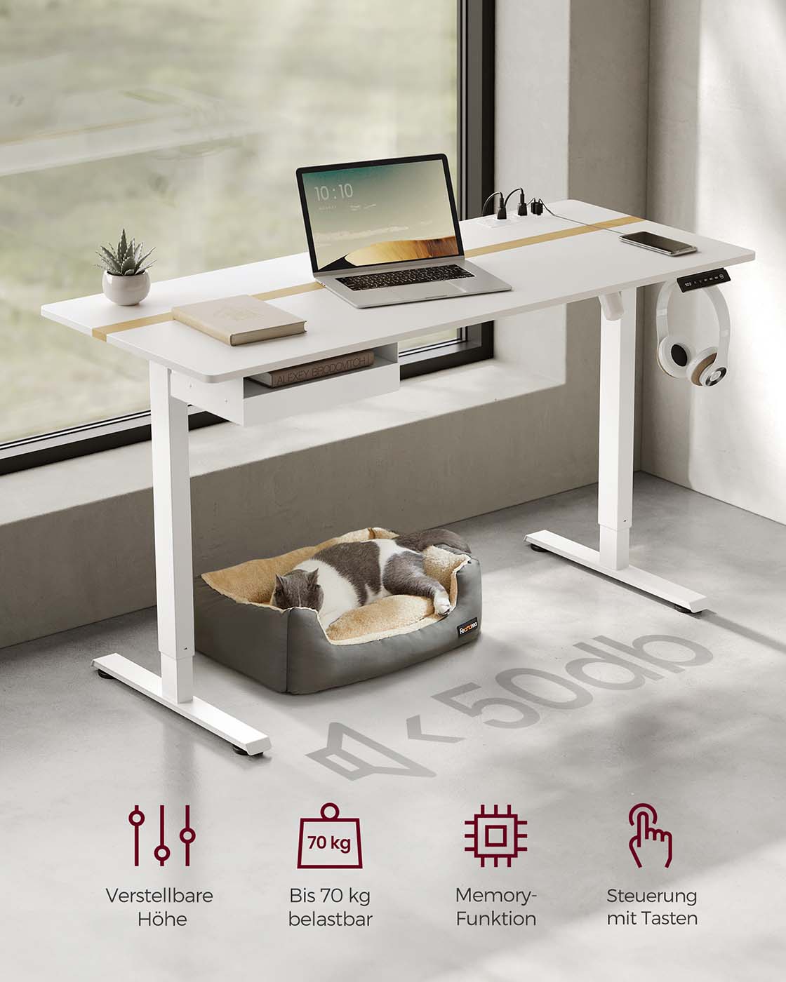 Kompletter Arbeitsplatz – Elektrischer Stehschreibtisch + ergonomischer Bürostuhl – mit Memory-Funktion – Steckdose – verstellbare Rücken- und Armlehnen