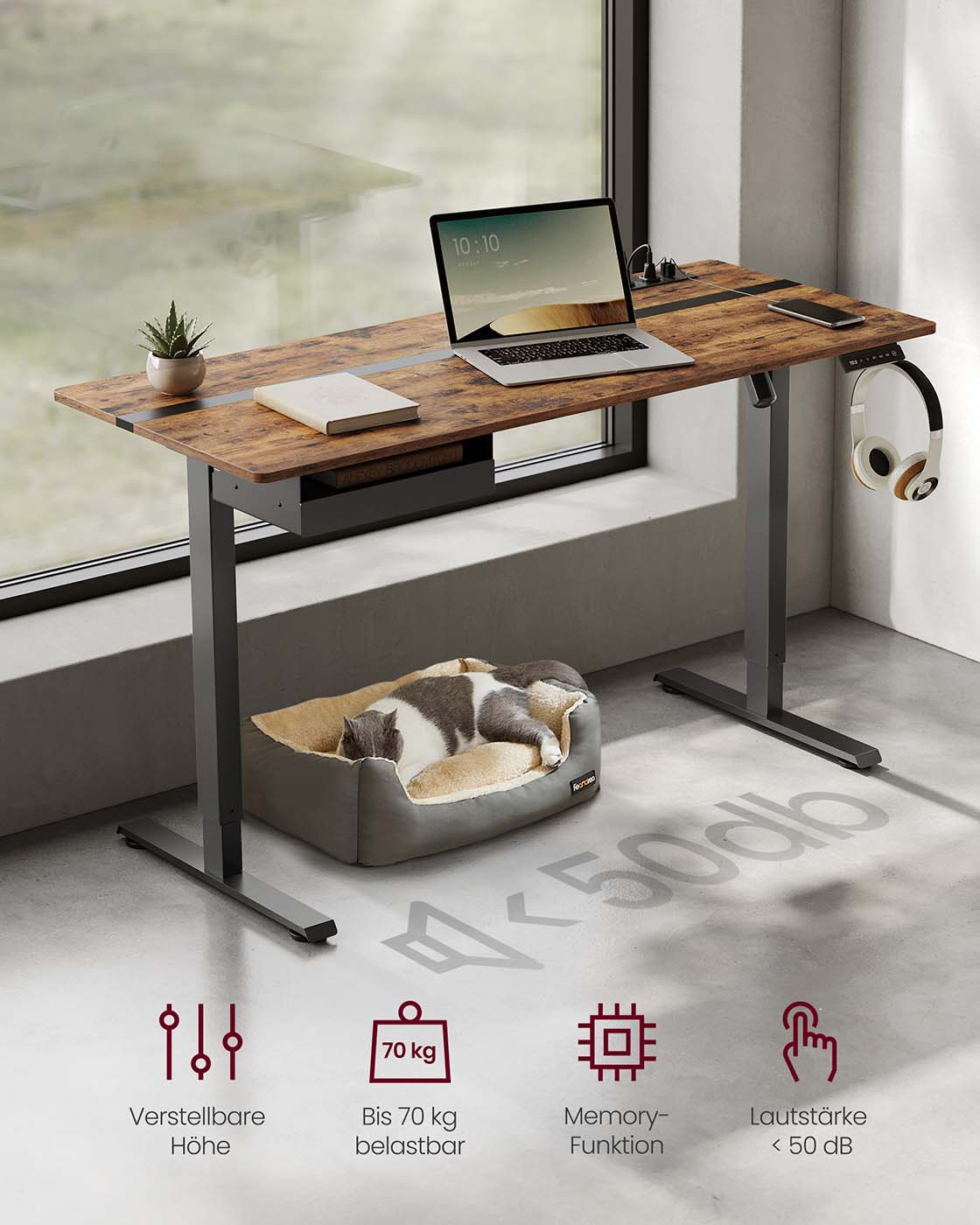 Kompletter Arbeitsplatz – Elektrischer Stehschreibtisch + ergonomischer Bürostuhl – mit Memory-Funktion – Steckdose – verstellbare Rücken- und Armlehnen