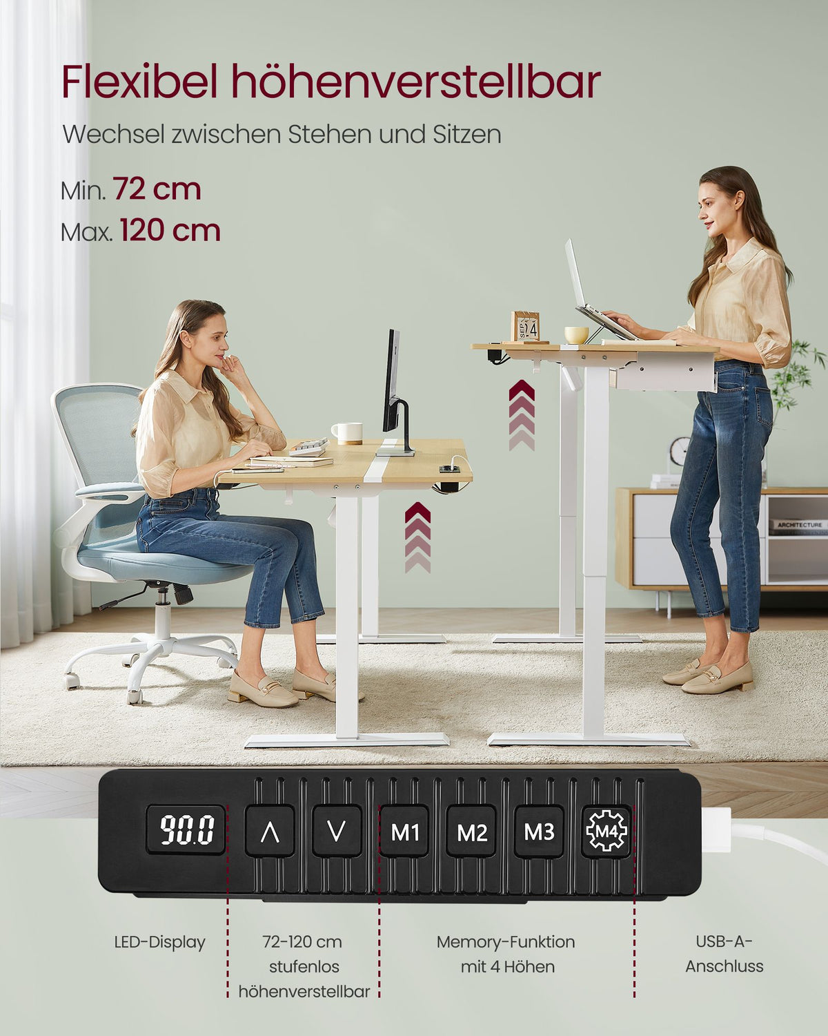 Elektrischer Stehschreibtisch mit Steckdose - Memory-Funktion - mit Schublade und Haken - Home Office