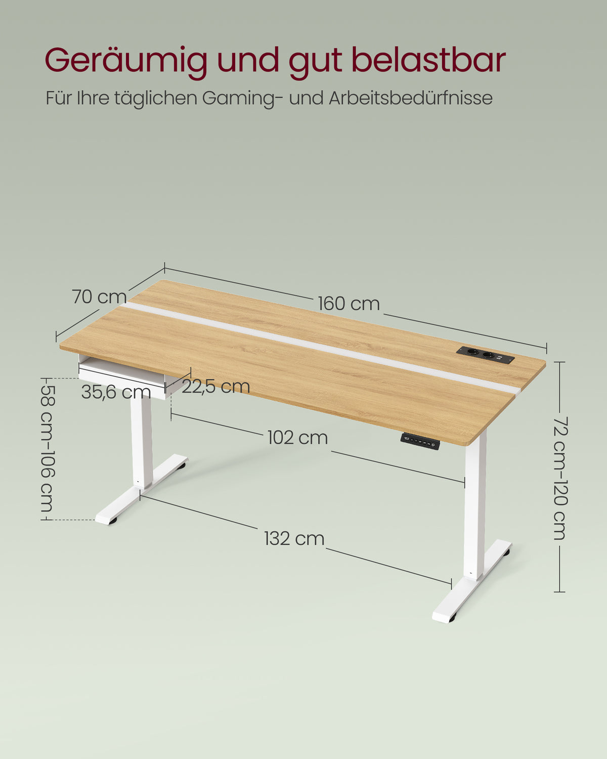Kompletter Arbeitsplatz – Elektrischer Stehschreibtisch + ergonomischer Bürostuhl – mit Memory-Funktion – Steckdose – verstellbare Rücken- und Armlehnen