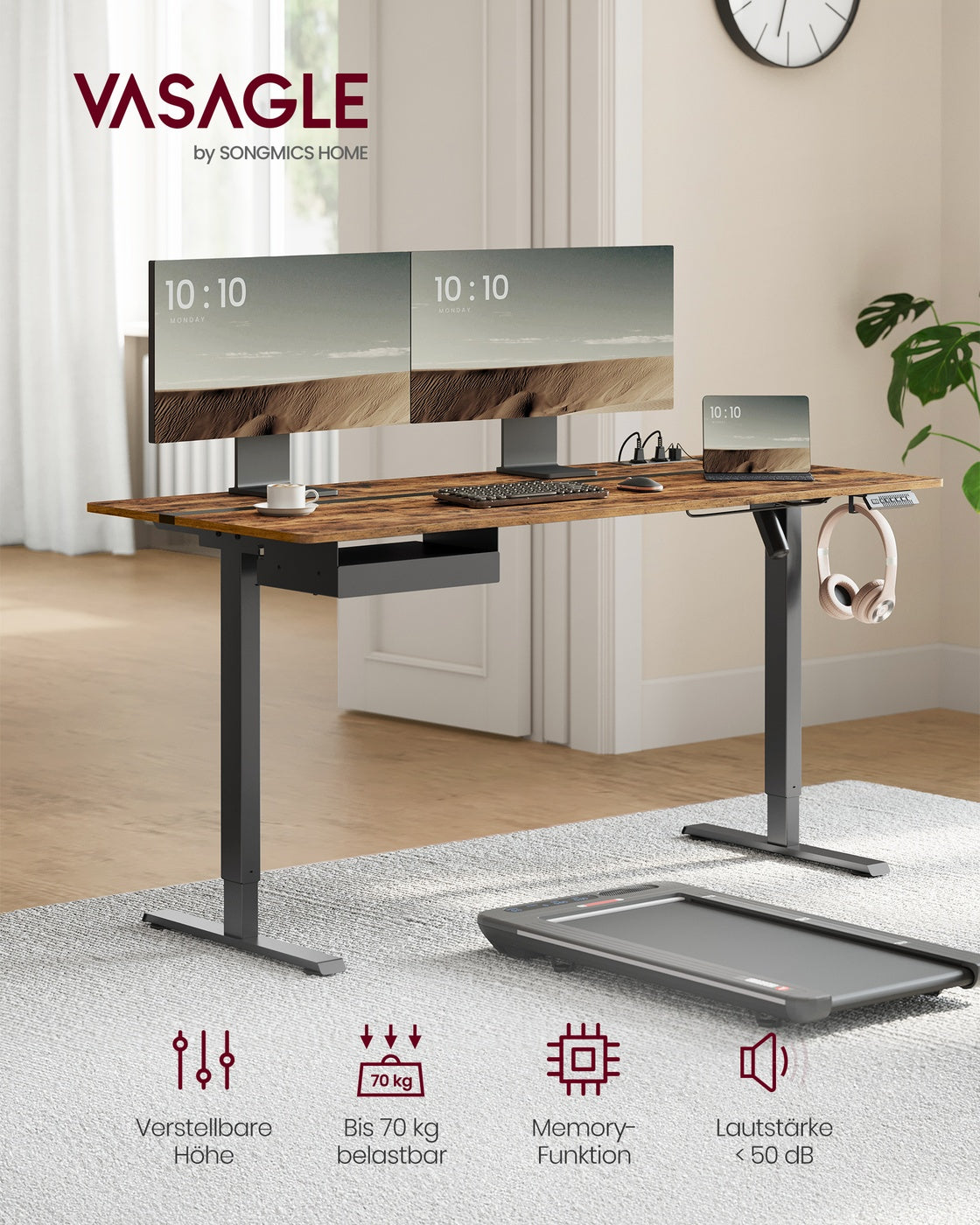 Kompletter Arbeitsplatz – Elektrischer Stehschreibtisch + ergonomischer Bürostuhl – mit Memory-Funktion – Steckdose – verstellbare Rücken- und Armlehnen