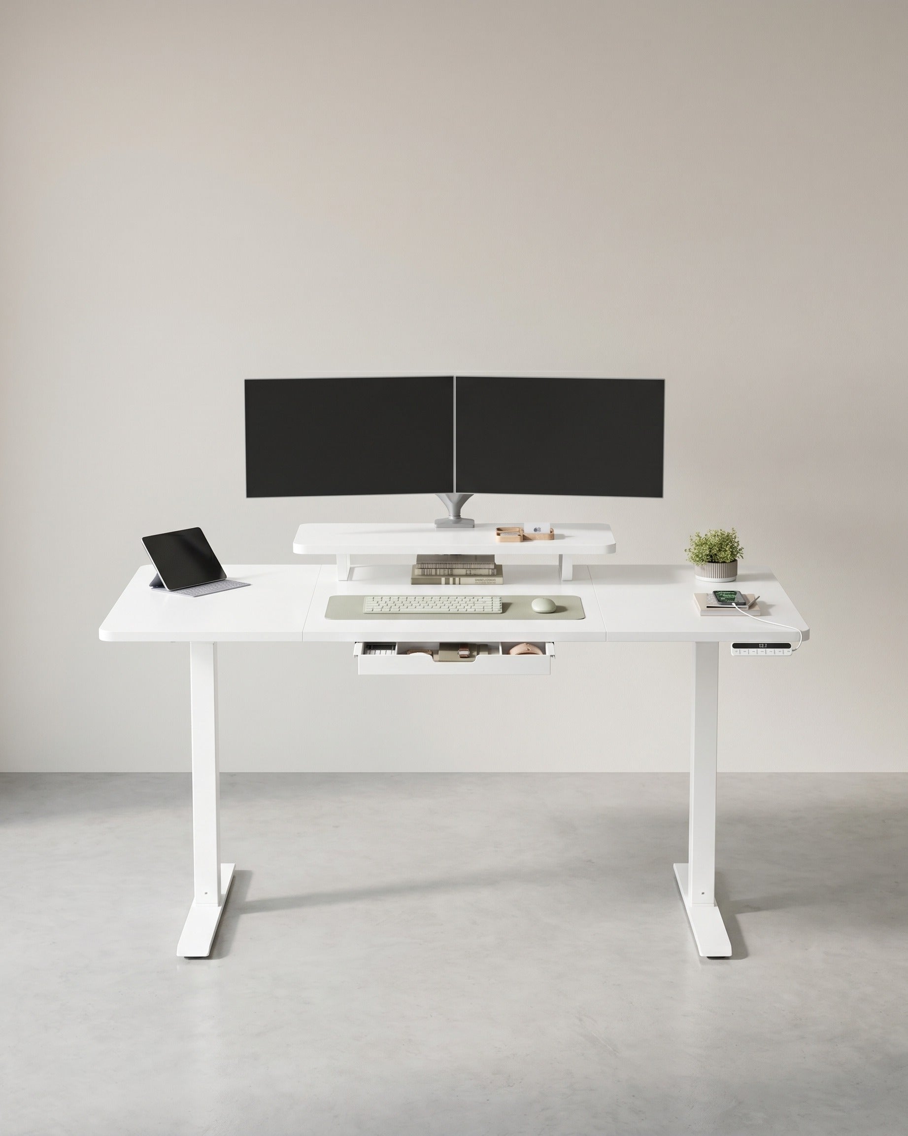Elektrisch verstellbarer Schreibtisch – Mit Monitorständer – 140 oder 160 cm Tischplatte – USB-C & Memory-Funktion – Weiß