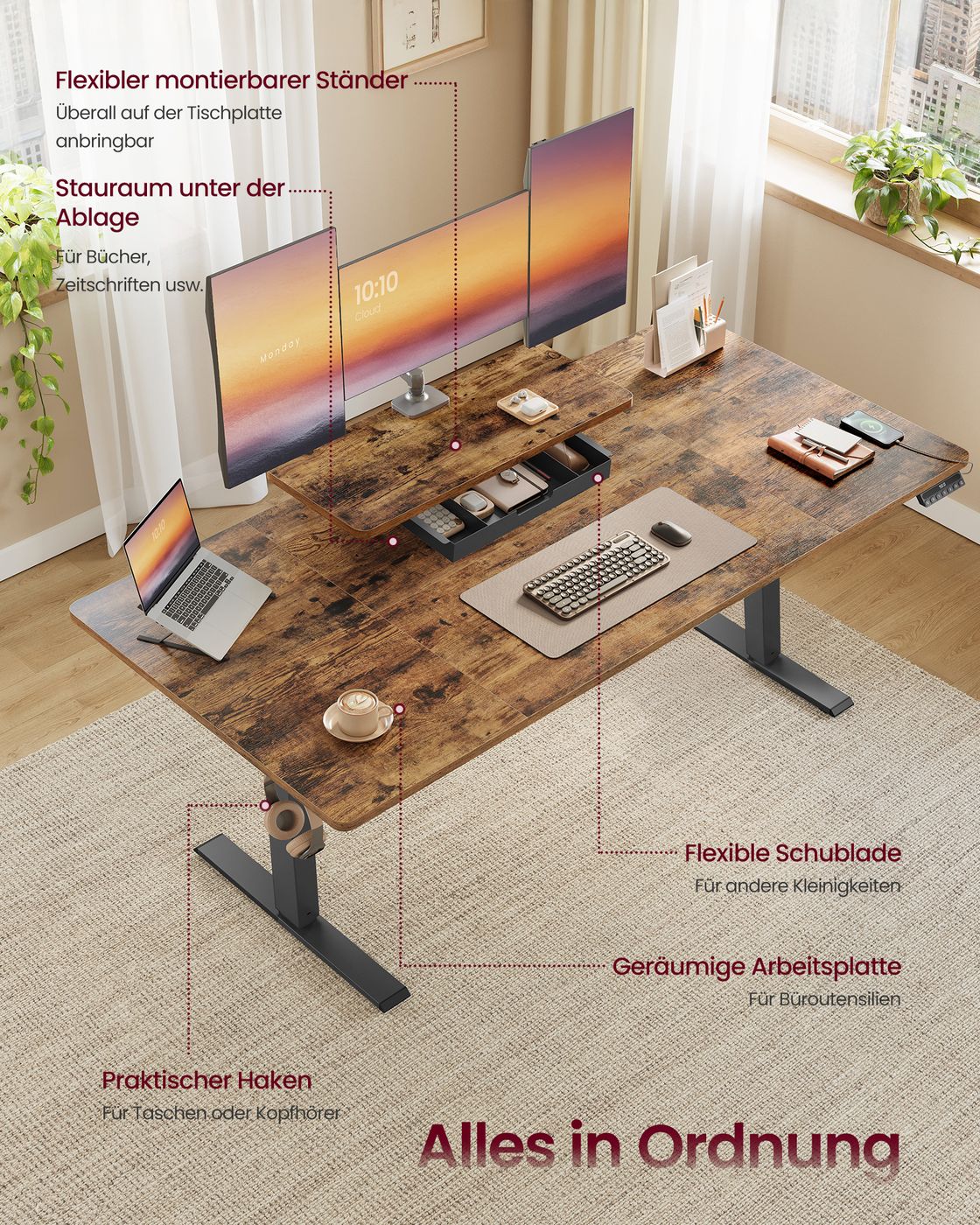 Elektrisch verstellbarer Schreibtisch – Mit Monitorständer – 140 oder 160 cm Tischplatte – USB-C & Memory-Funktion