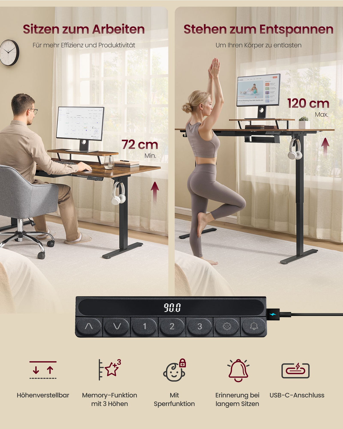 Elektrisch verstellbarer Schreibtisch – Mit Monitorständer – 140 oder 160 cm Tischplatte – USB-C & Memory-Funktion