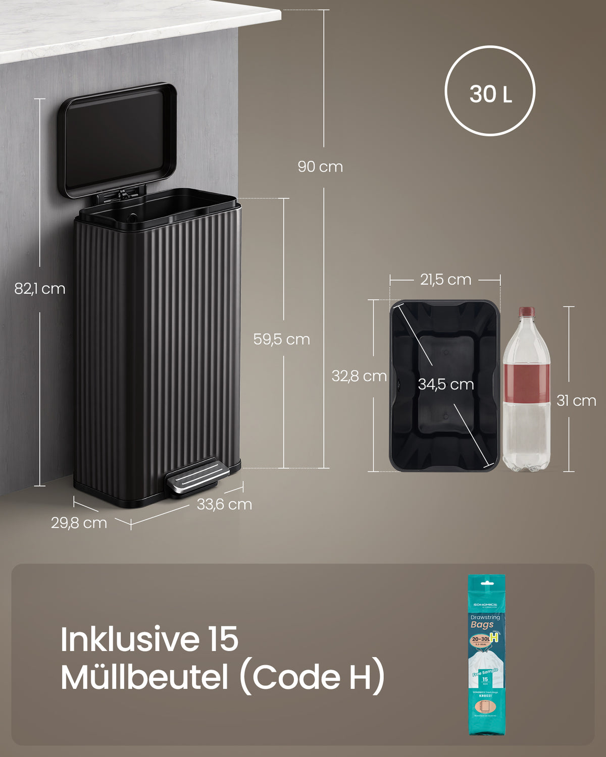 Küchenmülleimer – 50 Liter – Treteimer mit Soft-Close-Deckel – Inneneimer aus Stahl – Inklusive 15 Müllbeuteln