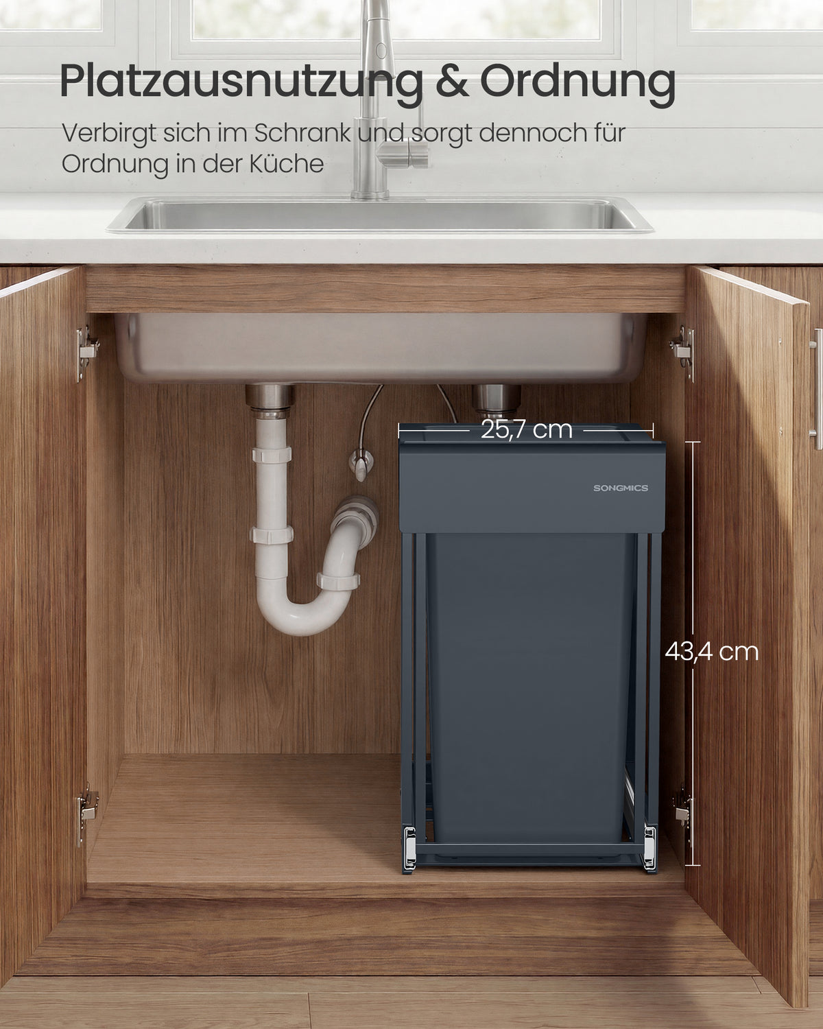 Ausziehbarer, integrierter Abfallbehälter – 2 Fächer – Soft-Close-Funktion – Abfalltrennung