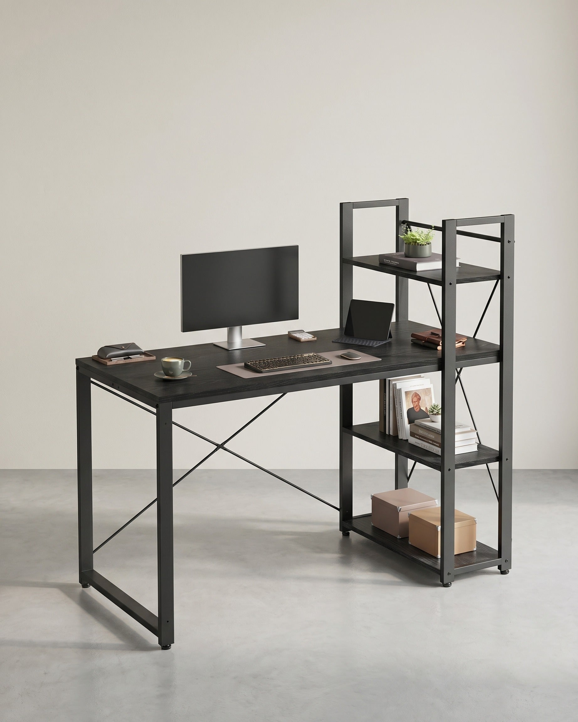Schreibtisch mit Bücherregal – 120 cm breit – Flexible Regalmontage links oder rechts – Industriedesign – Bis zu 100 kg belastbar – Schwarz