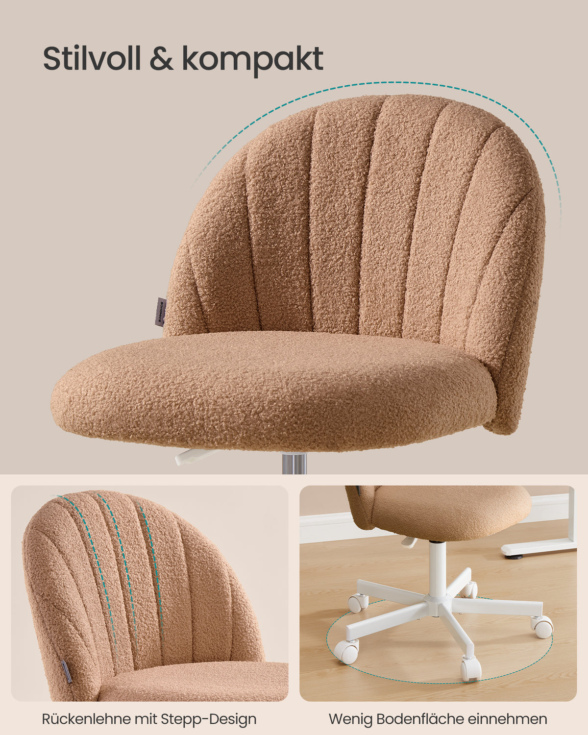 Drehstuhl – Kompaktes Design – Weicher Bezug – Höhenverstellbar – 360°-Rollen – Ergonomische Rückenlehne