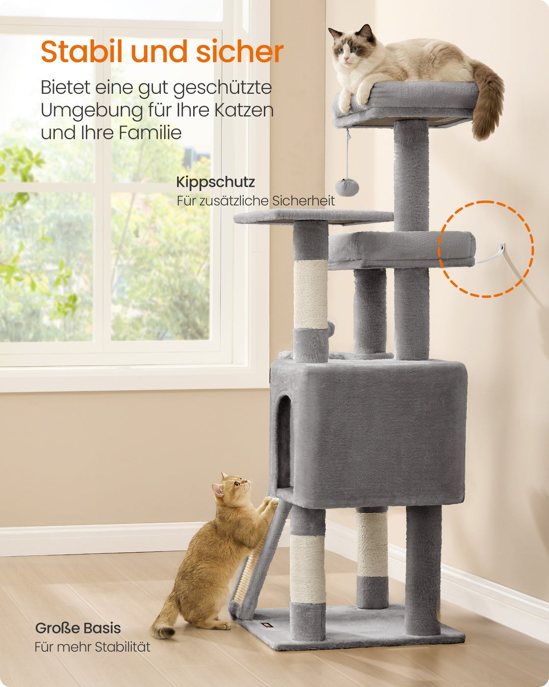 Kratzbaum 136 cm – 3 Plattformen + 4 Sisalstangen + Gemütliche Höhle – Katzenturm Für Mehrere Katzen