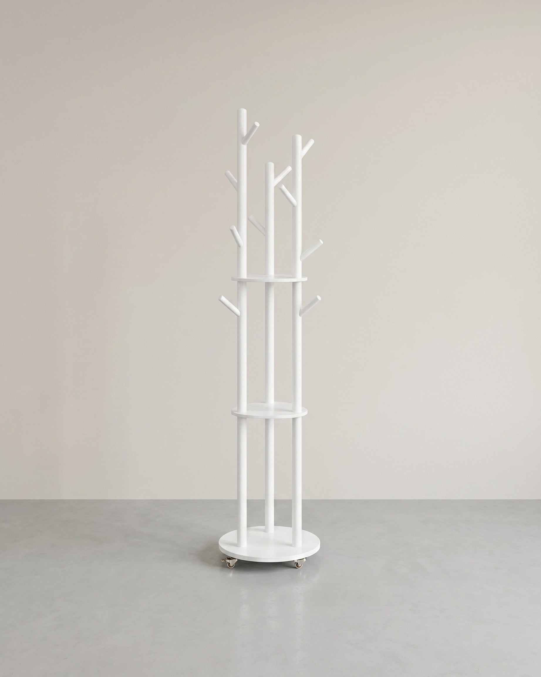 Standgarderobe mit Massivholzregalen und Haken - Mit Rädern – Weiß