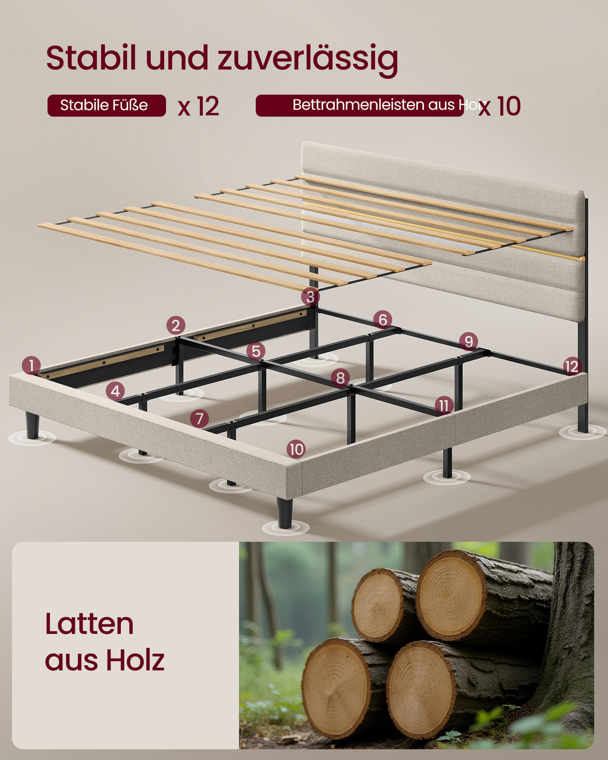 Gepolstertes Bettgestell – Cappuccino-Beige – Verstellbares Kopfteil – Konstruktion aus Metall und Massivholz – 160 oder 180 cm