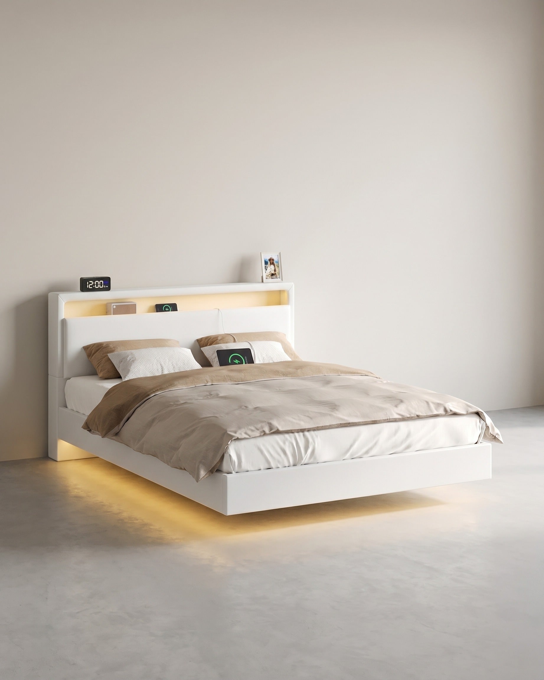 Moderner Bettrahmen mit Schwebeeffekt und LED-Beleuchtung - Integrierter USB-Anschluss – 160 x 200 cm