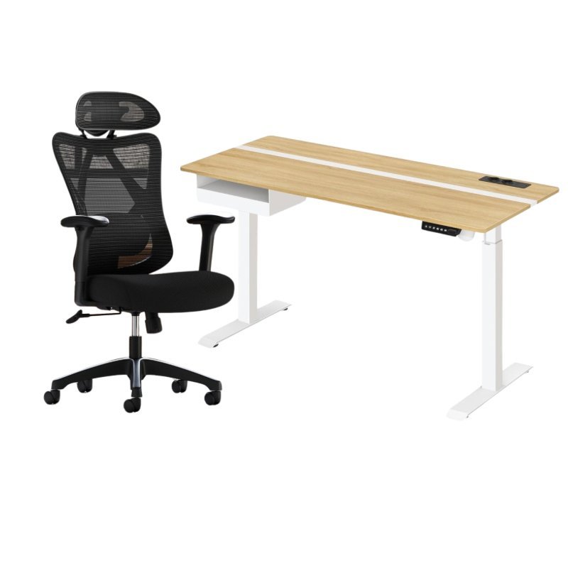 Kompletter Arbeitsplatz – Elektrischer Stehschreibtisch + ergonomischer Bürostuhl – mit Memory-Funktion – Steckdose – verstellbare Rücken- und Armlehnen